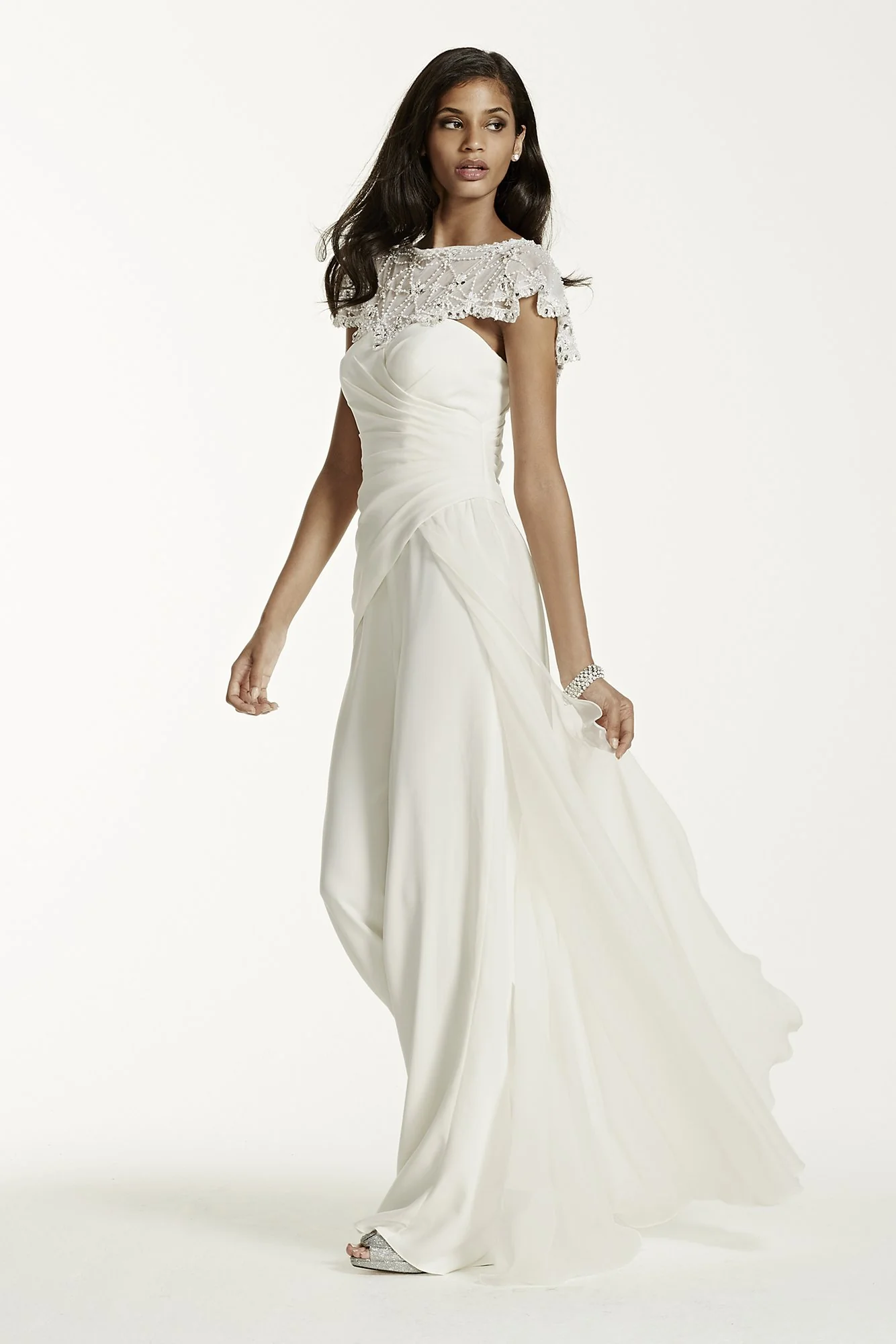 Side Draped Crepe Jumpsuit with Beaded Capelet - Image 2