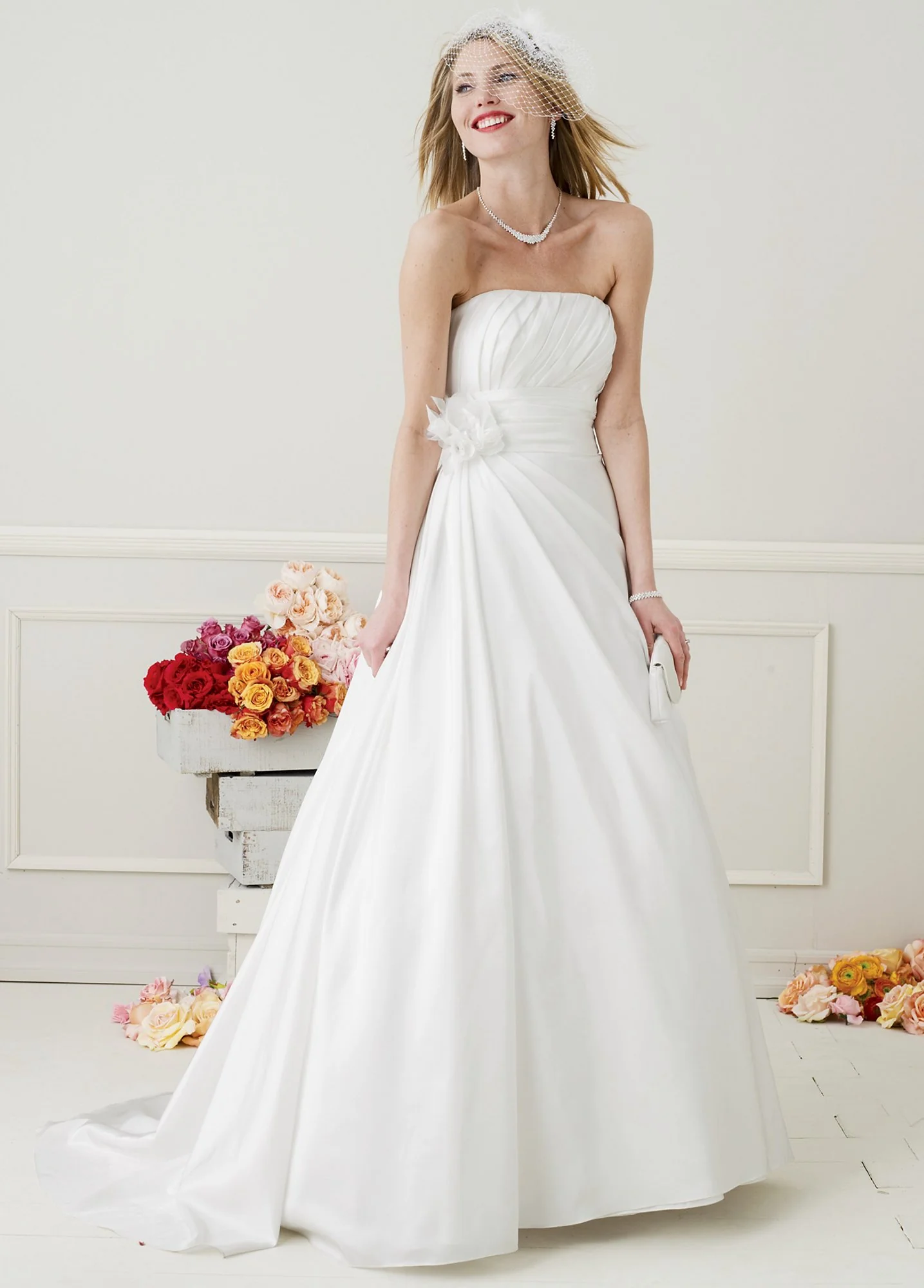 Side-Draped Taffeta Gown with 3D Floral Detail