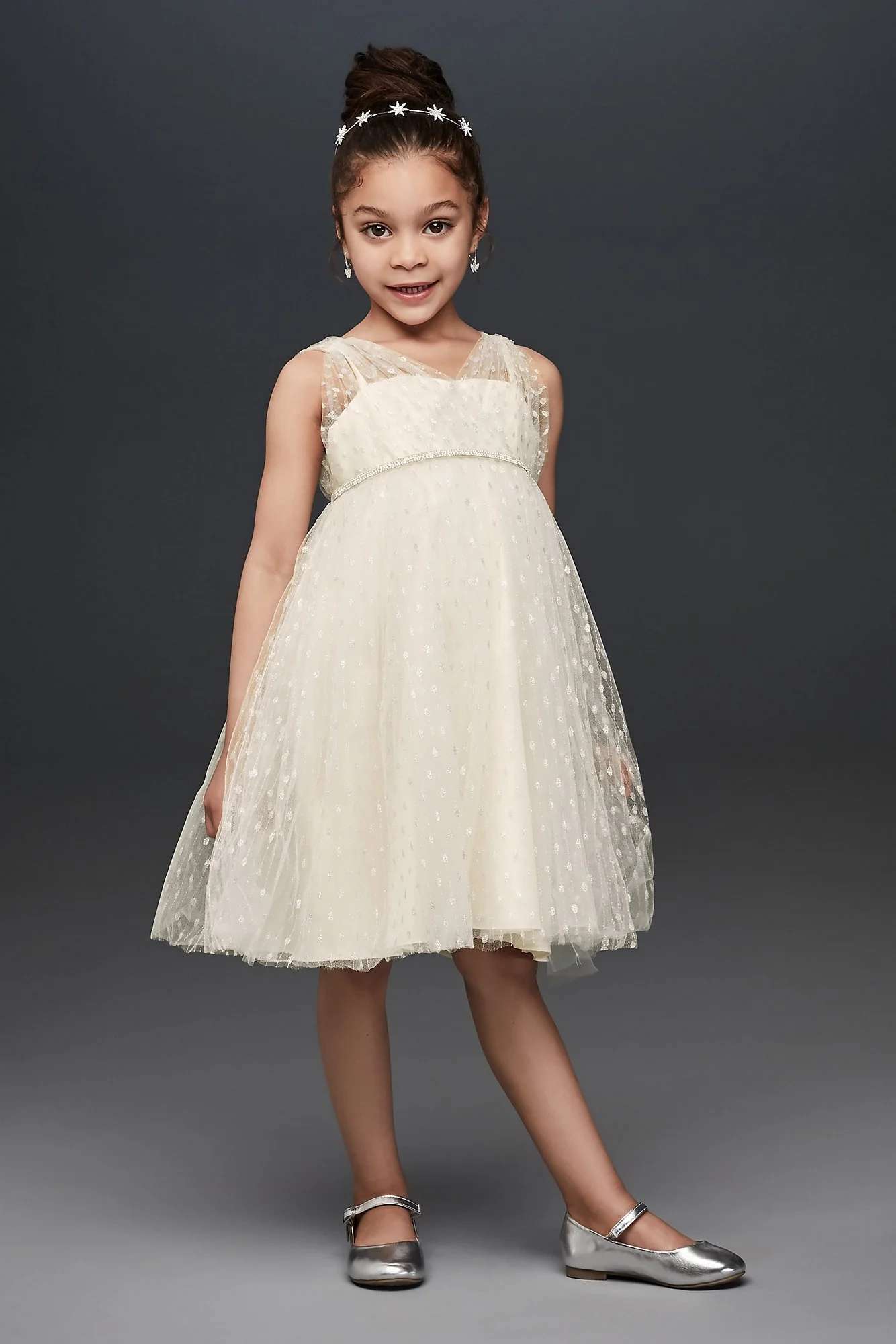 Silver  Dots Flower Girl Dress with Crystal Belt