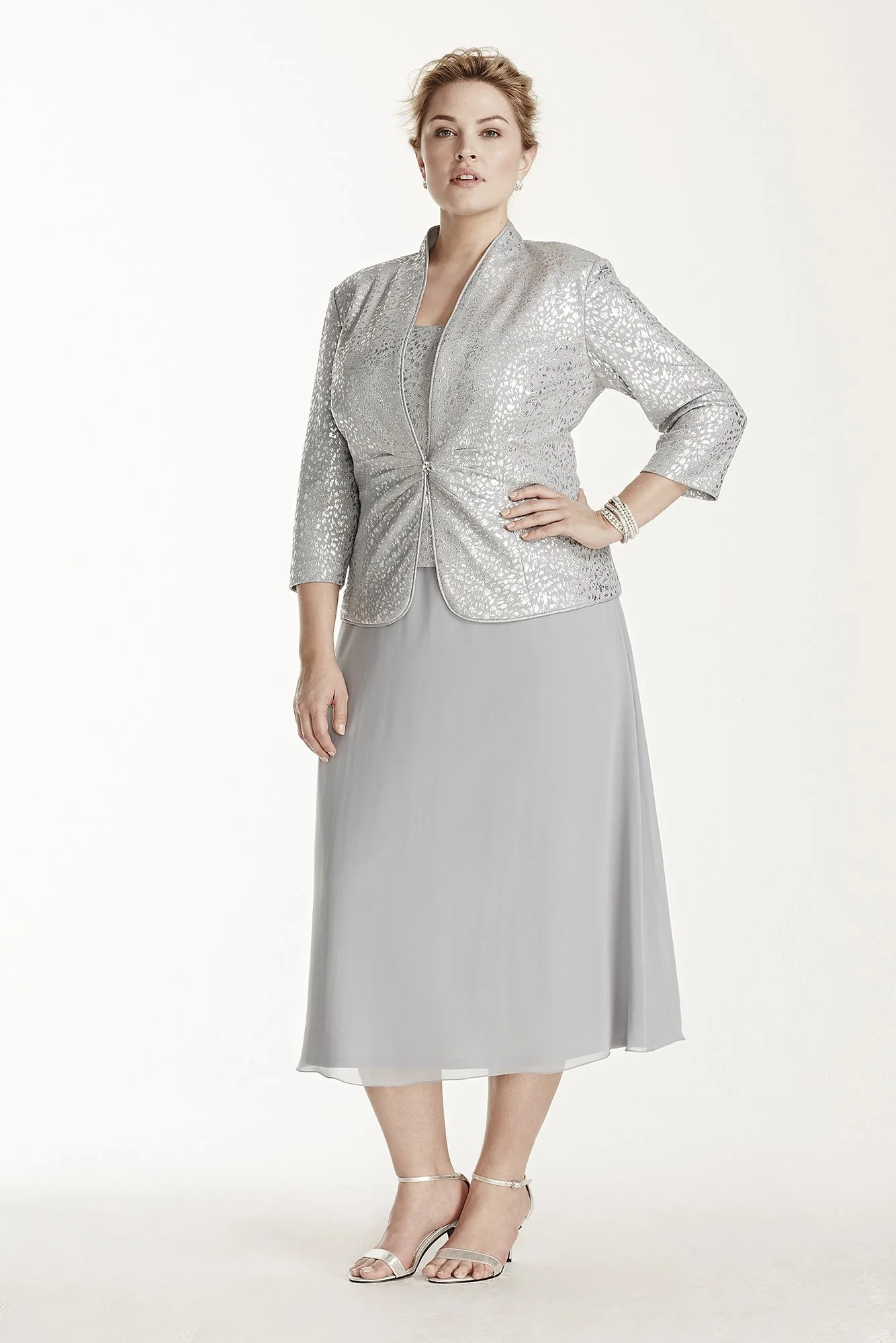 Silver Mock Three Piece Jacket Petite Dress