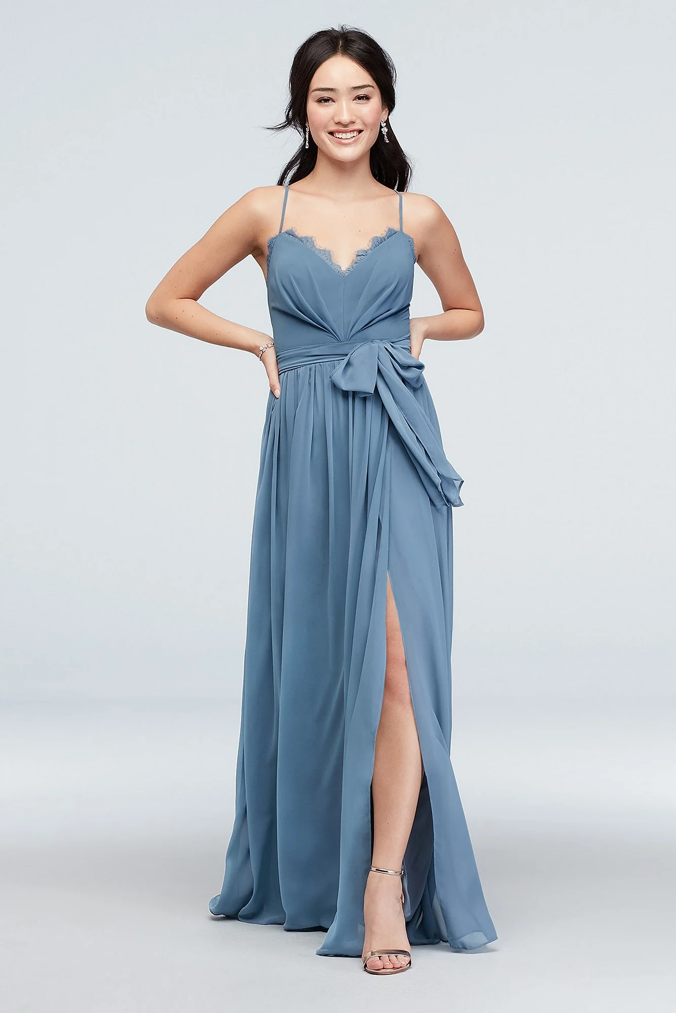 Skinny Strap Chiffon Gown with Lace Trim and Sash