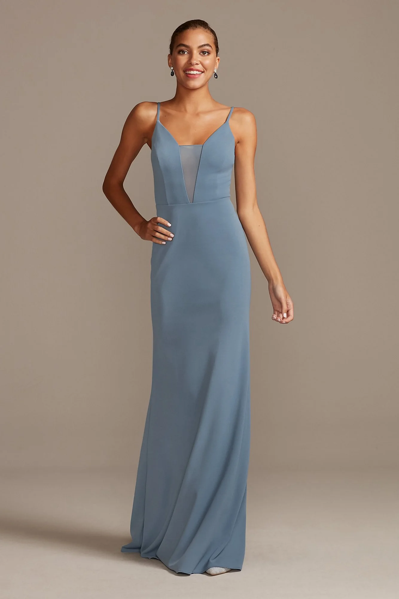 Skinny Strap Illusion Deep-V Stretch Crepe Dress