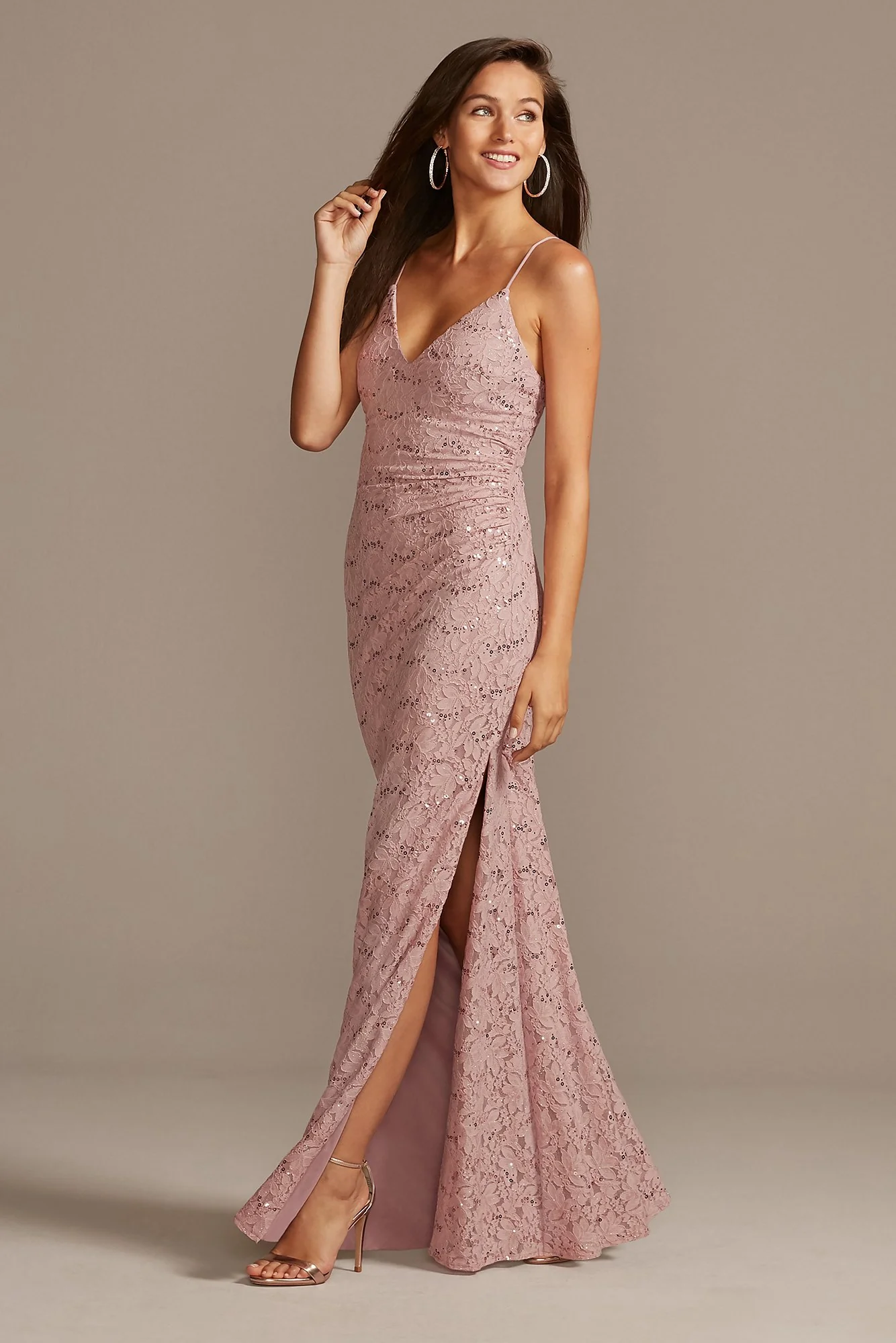 Skinny Strap Sequin Lace Stretch Dress with Slit - Image 2