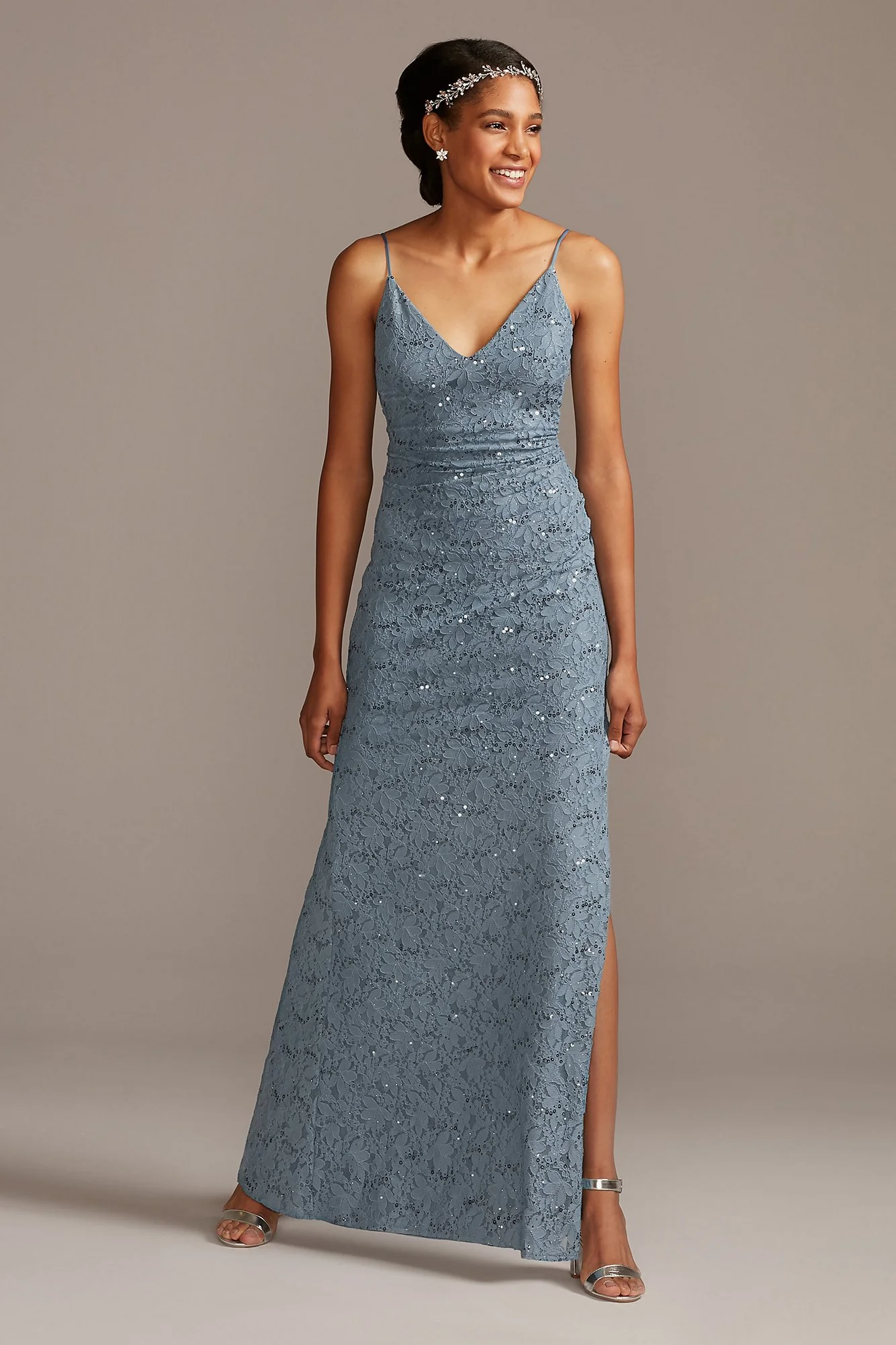 Skinny Strap Sequin Lace Stretch Dress with Slit - Image 3