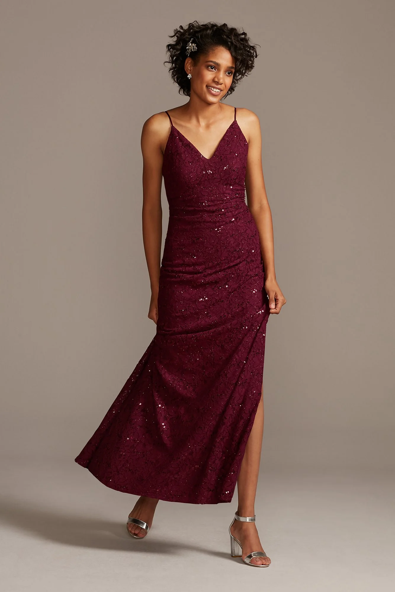 Skinny Strap Sequin Lace Stretch Dress with Slit - Image 4