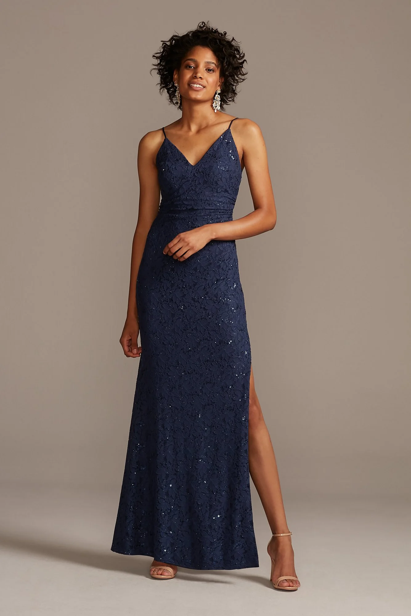 Skinny Strap Sequin Lace Stretch Dress with Slit - Image 5