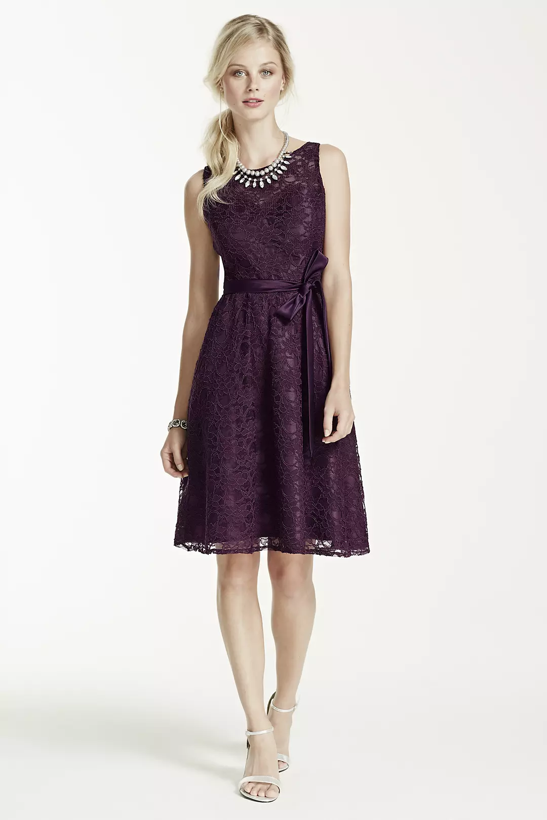 Sleeveless All Over Lace Dress with Satin Bow - Image 2