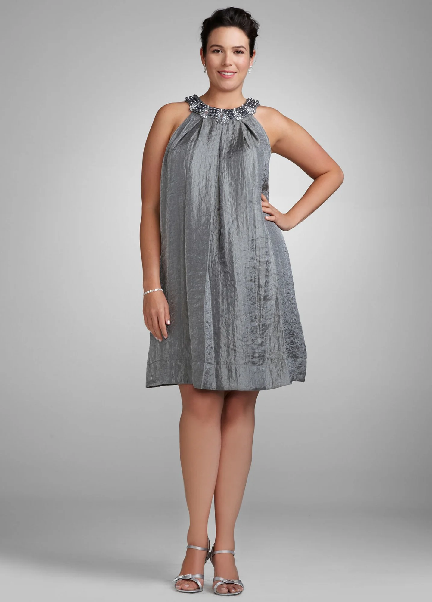 Sleeveless Babydoll Dress with Jeweled Neckline