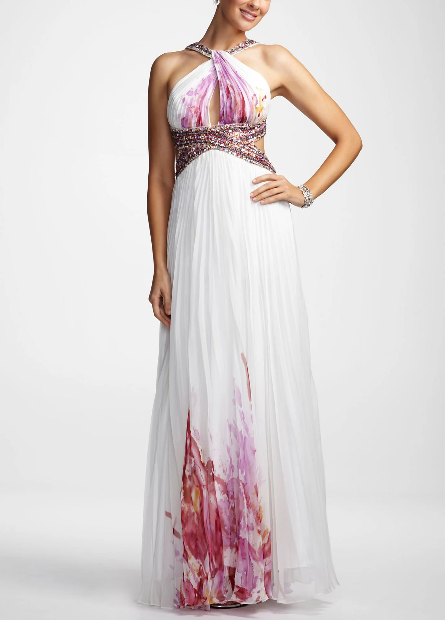Sleeveless Beaded Chiffon Pleated Gown