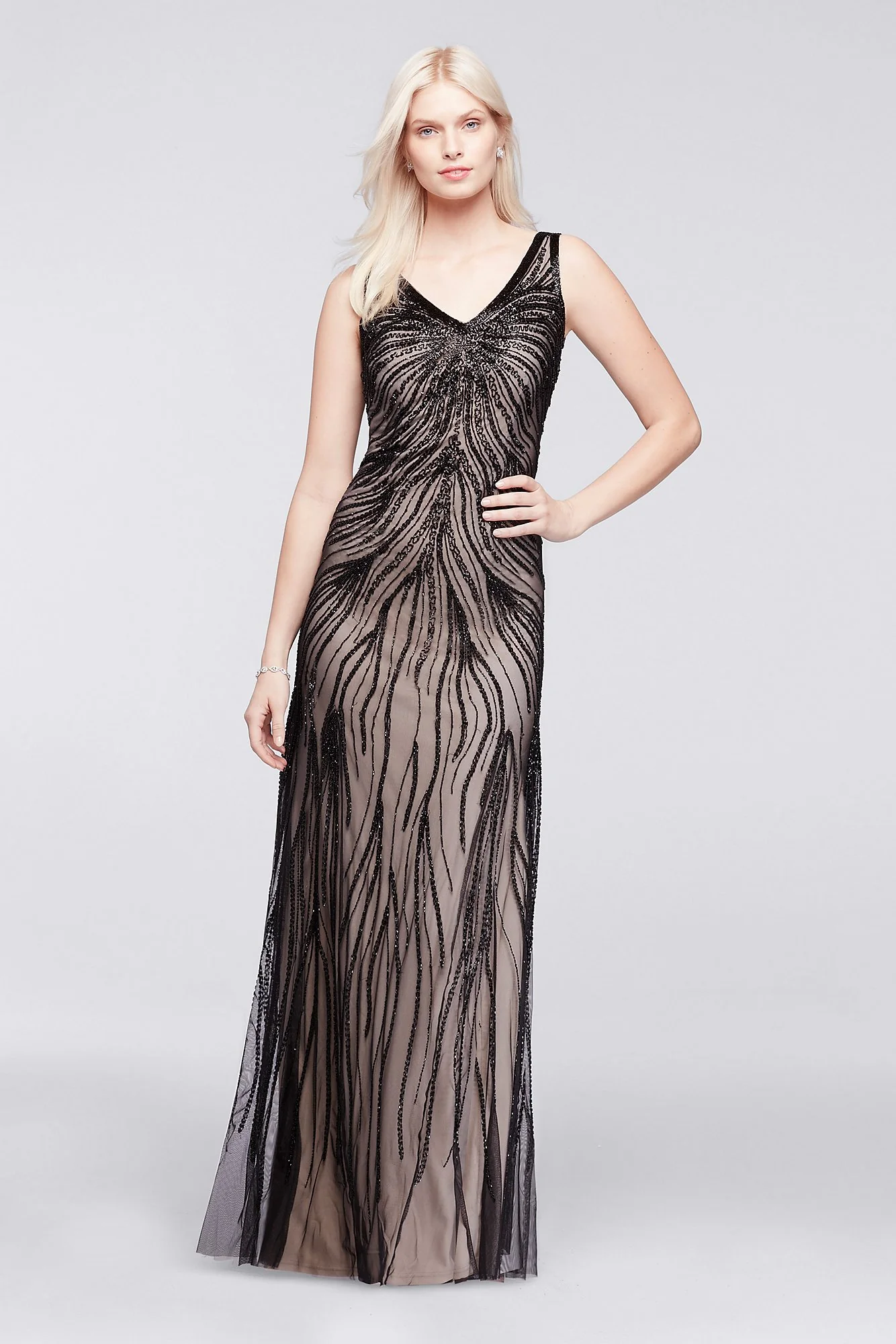 Sleeveless Beaded Long Dress with V-Neckline - Image 2