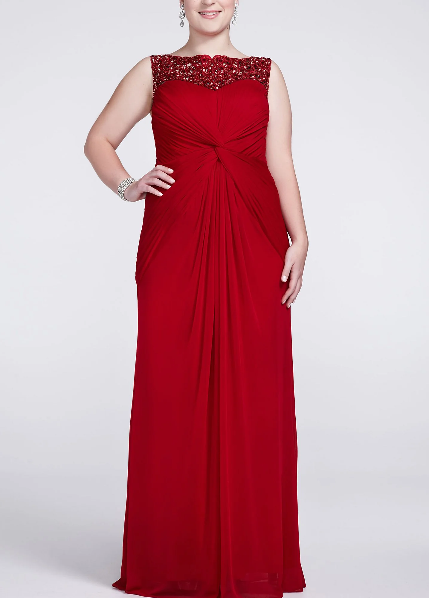 Sleeveless Chiffon Dress with Beaded Illusion Neck