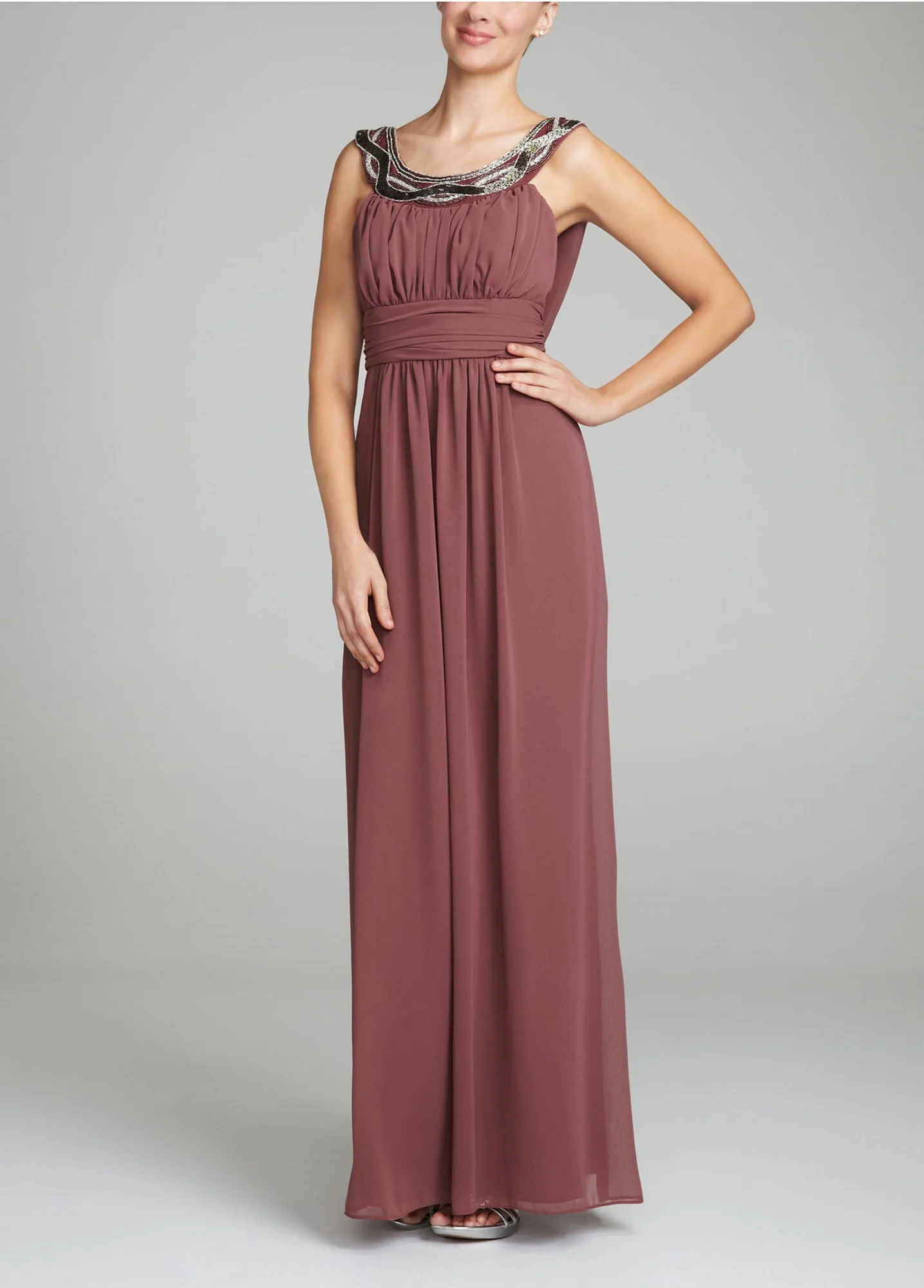 Sleeveless Chiffon Dress with Jeweled Neckline