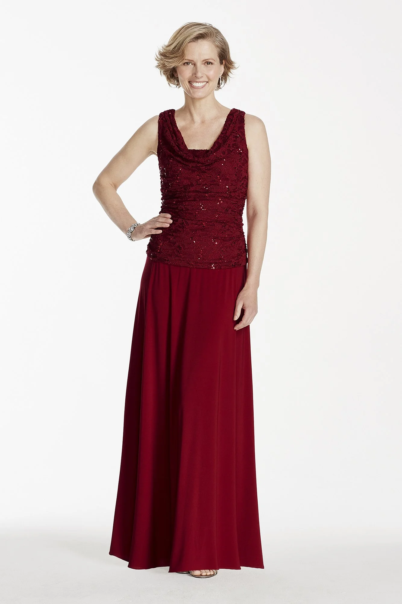 Sleeveless Glitter Lace Dress with Cowl Neckline - Image 2