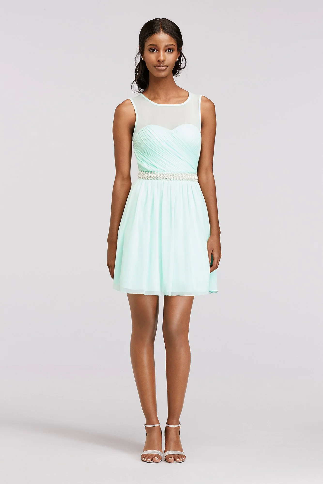 Sleeveless Illusion Chiffon Dress with Pearl Waist - Image 2