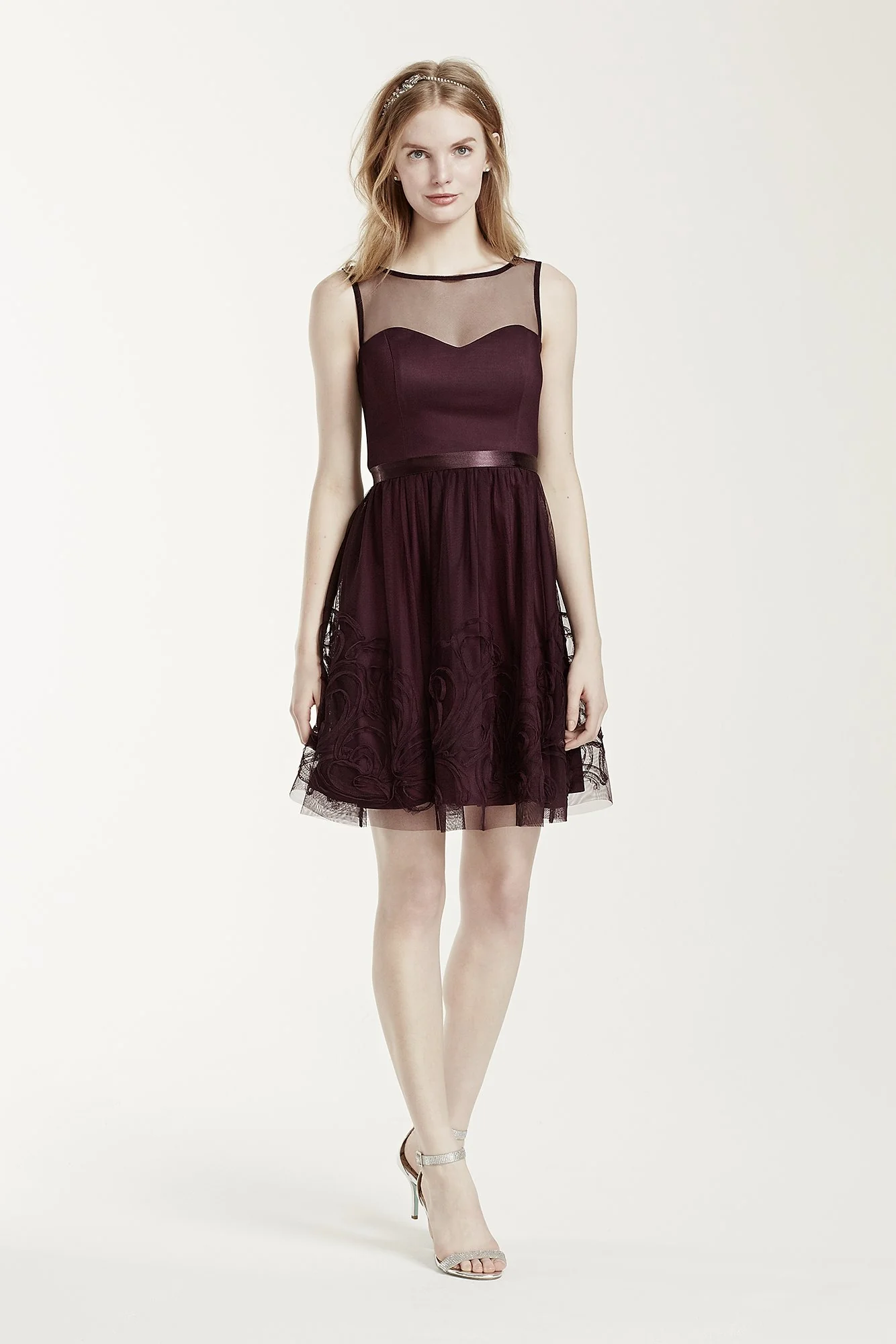 Sleeveless Illusion Neckline Dress with Satin Belt - Image 3