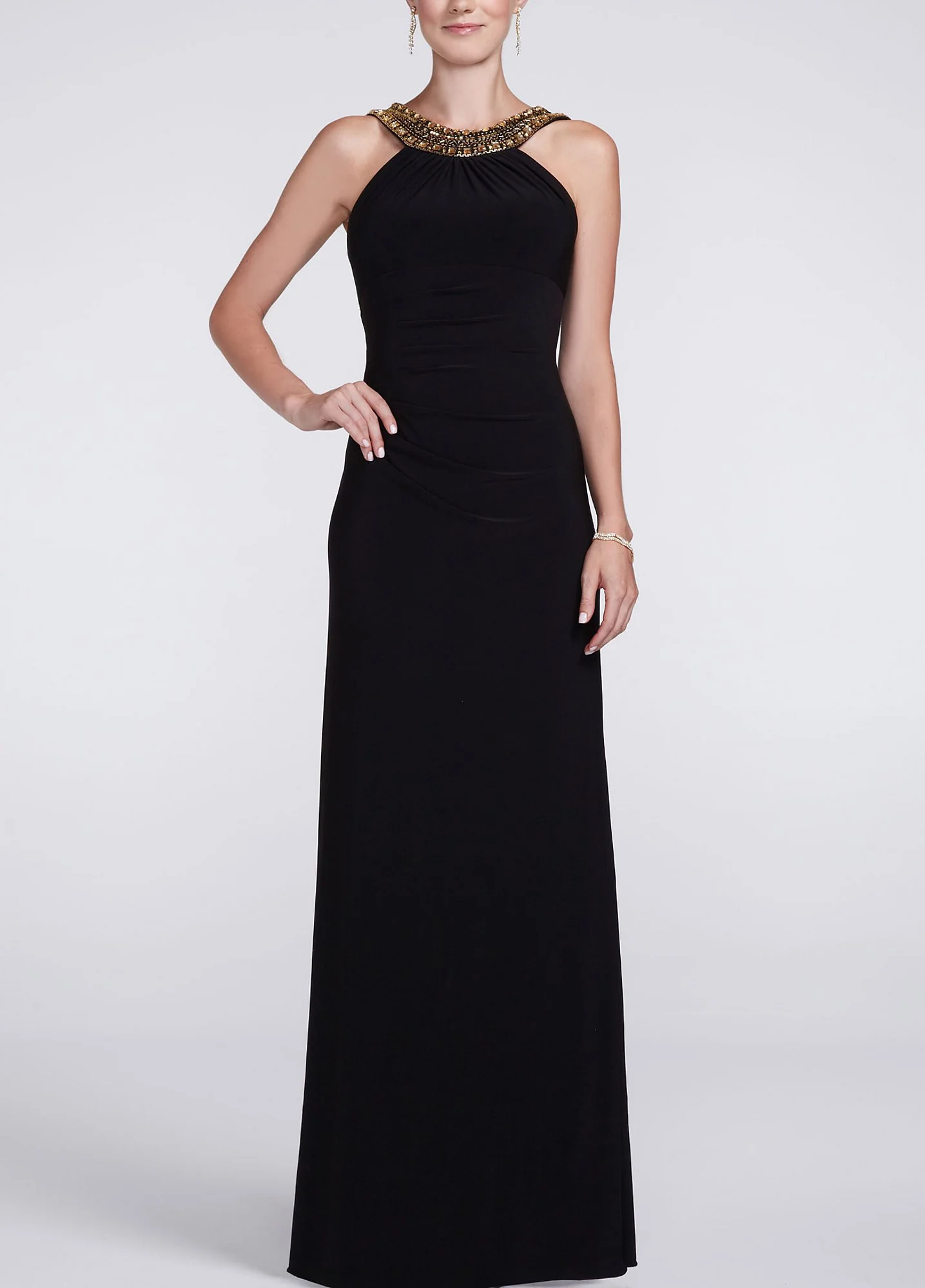 Sleeveless Jersey Dress with Beaded High Neckline