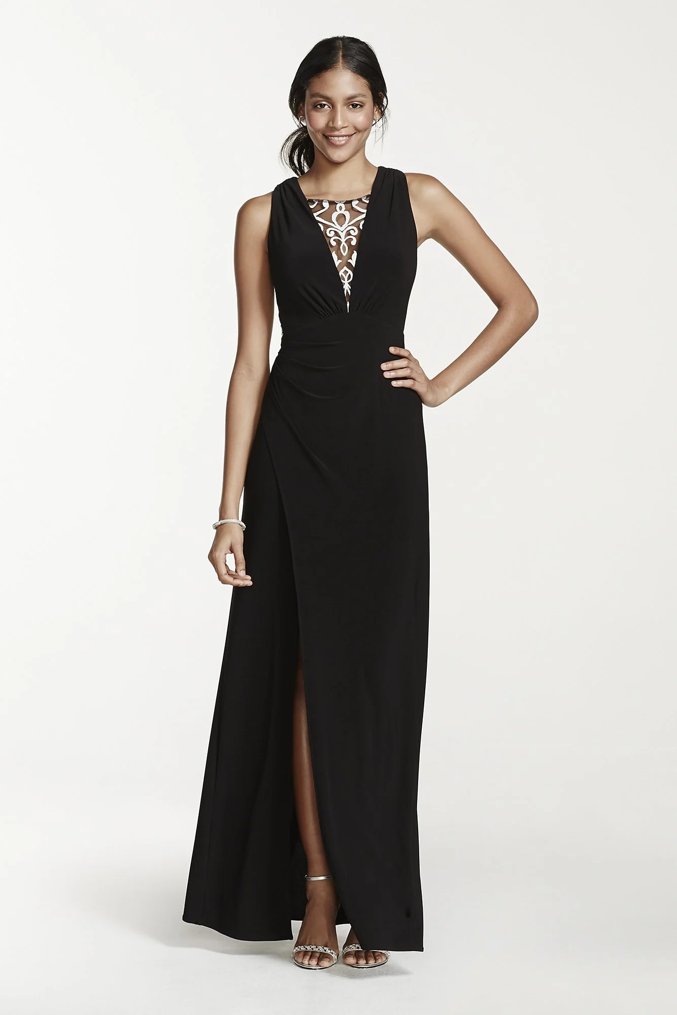 Sleeveless Jersey Dress with Illusion V Neck