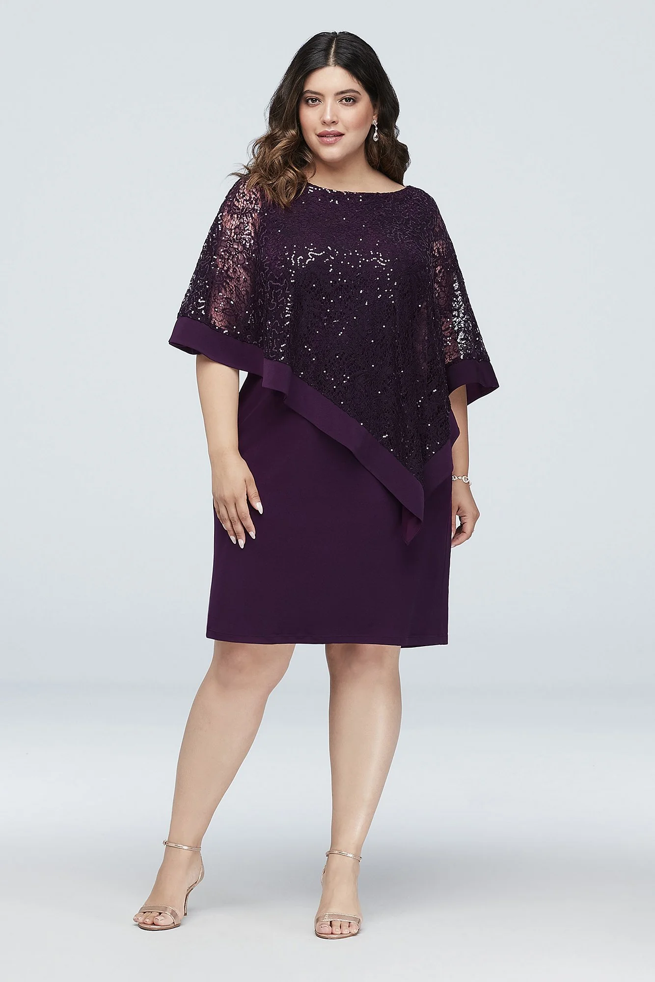 Sleeveless Jersey Sheath with Sequin Lace Poncho - Image 2