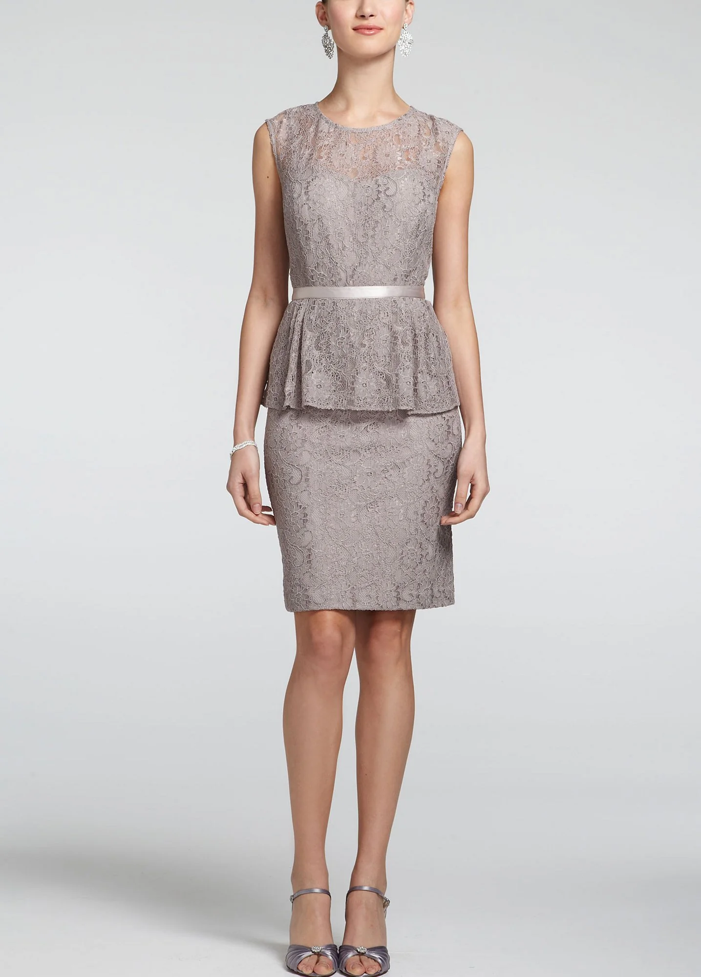 Sleeveless Lace Peplum Dress with Ribbon Detail