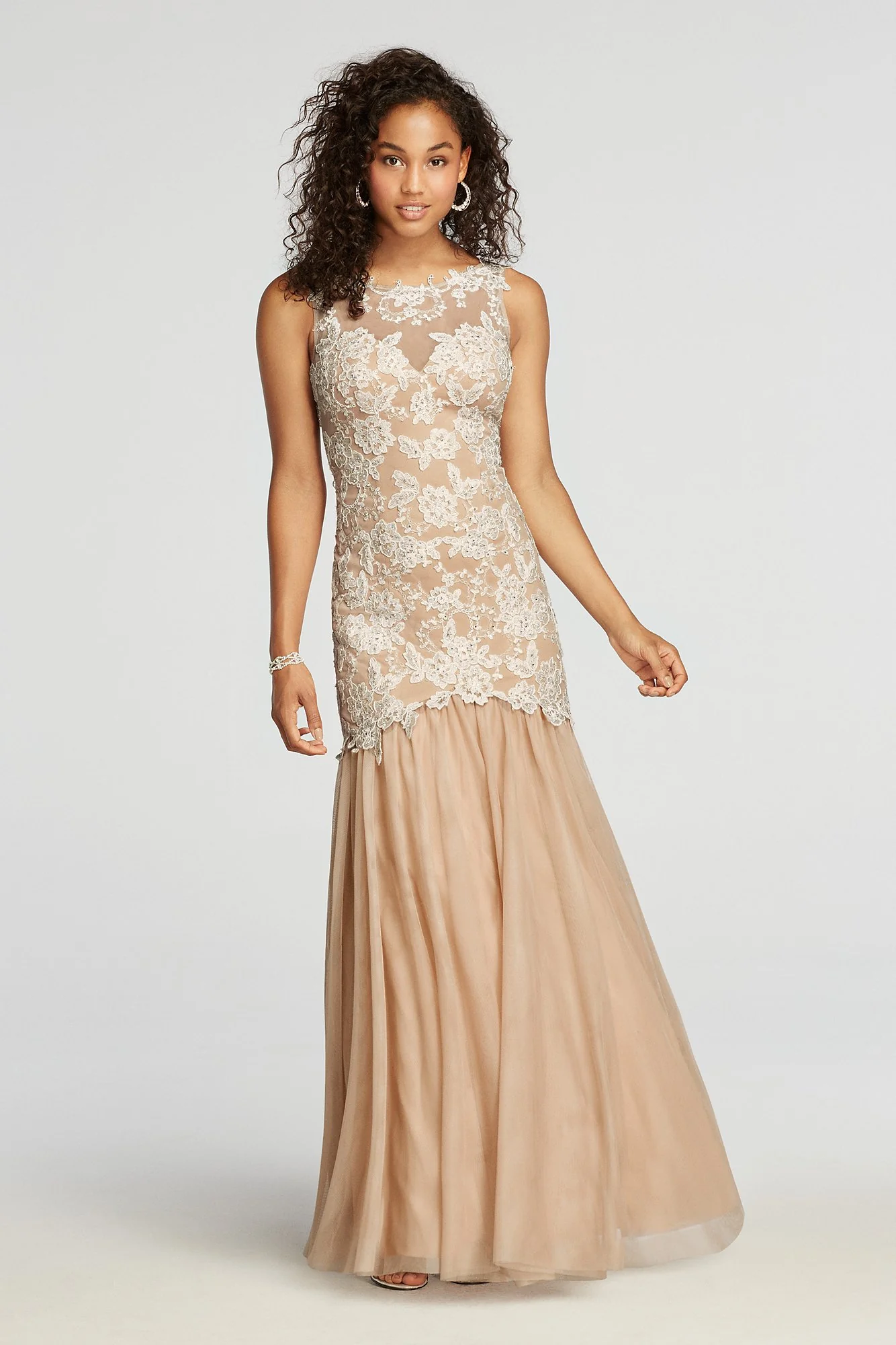 Sleeveless Lace Prom Dress with Mesh Mermaid Skirt
