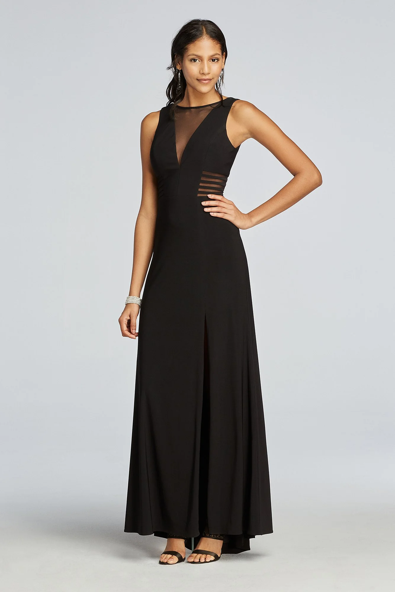 Sleeveless Long Jersey Dress with Illusion V-Neck