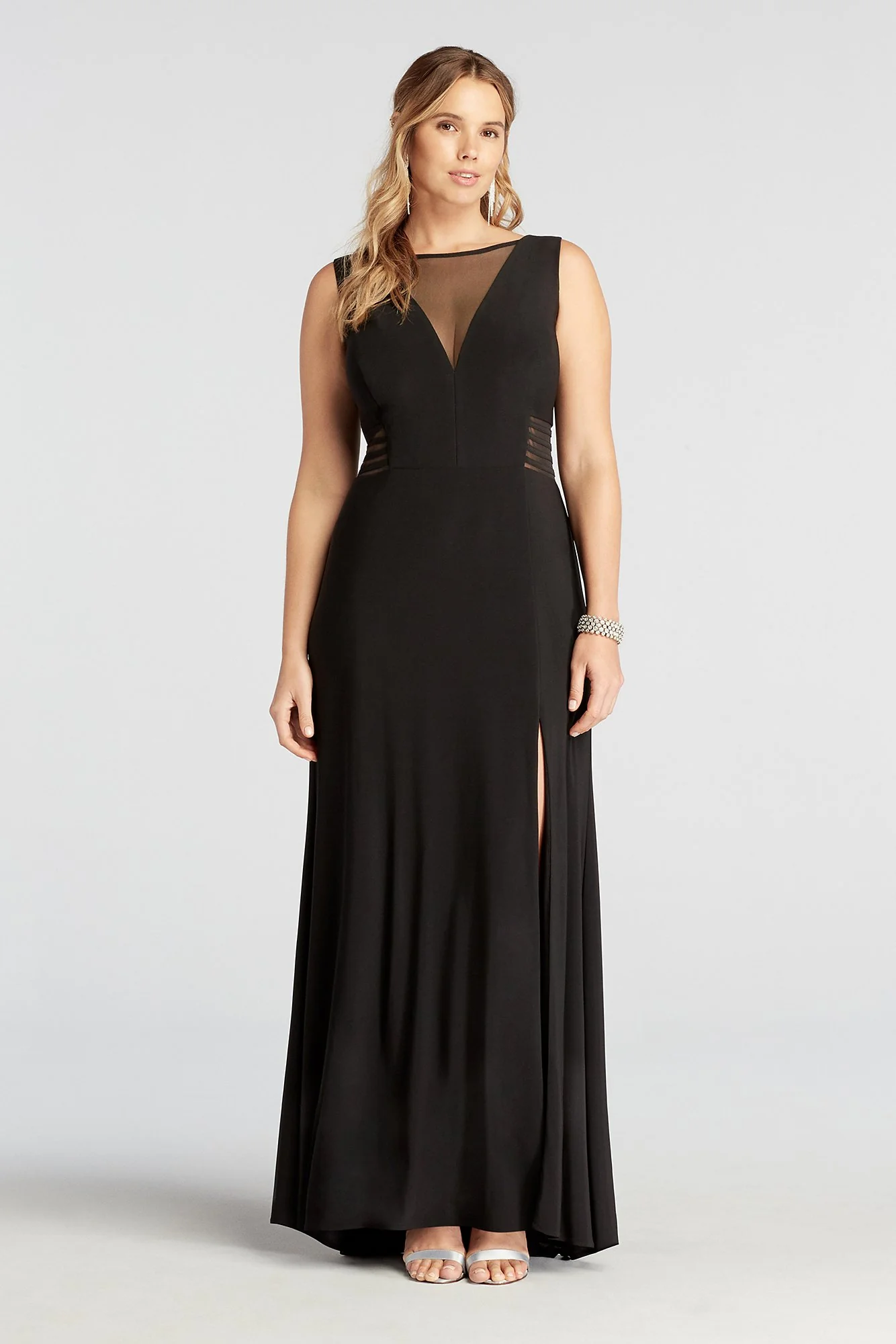 Sleeveless Long Jersey Dress with Illusion V-Neck - Image 3