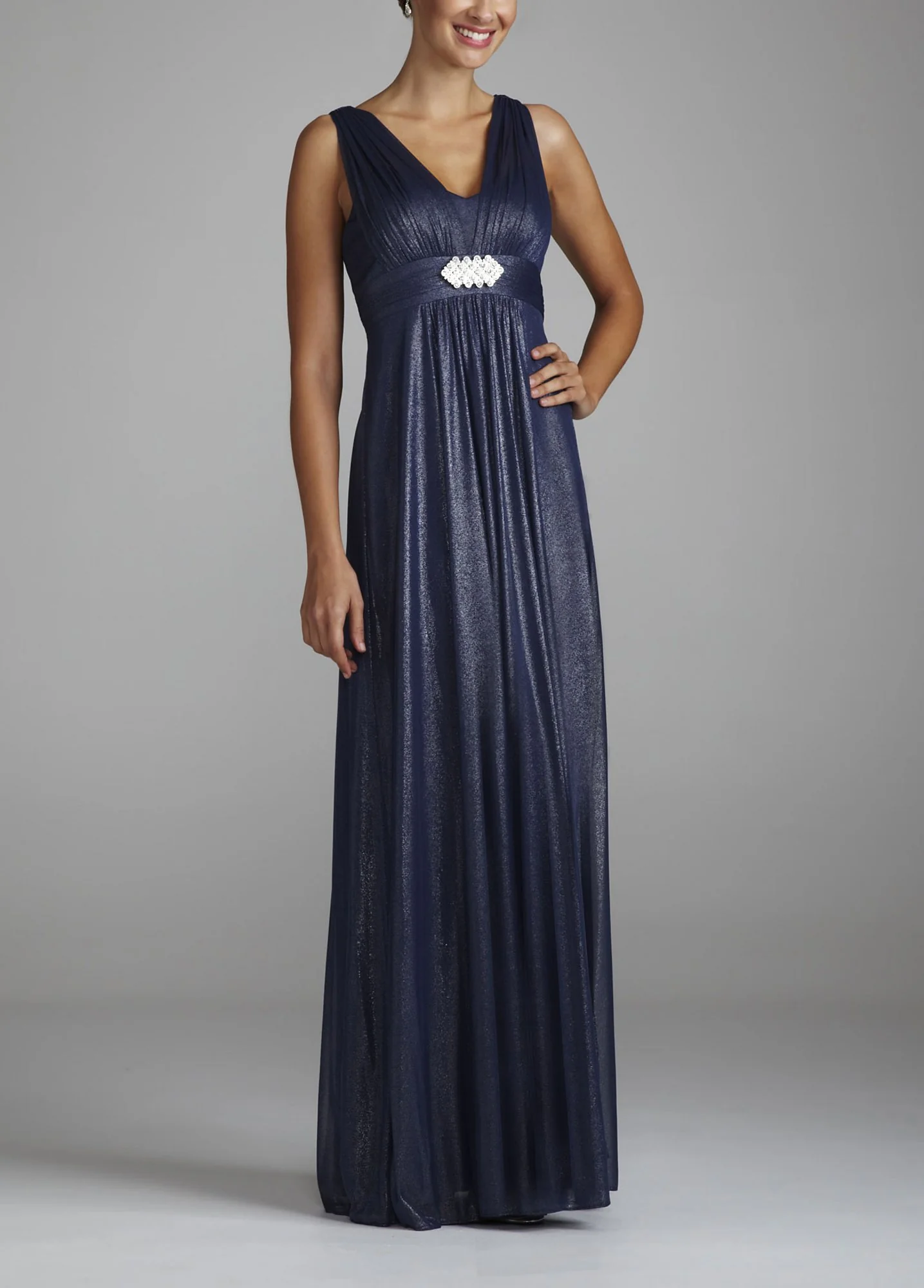Sleeveless Long Shimmer Gown with Beaded Waist
