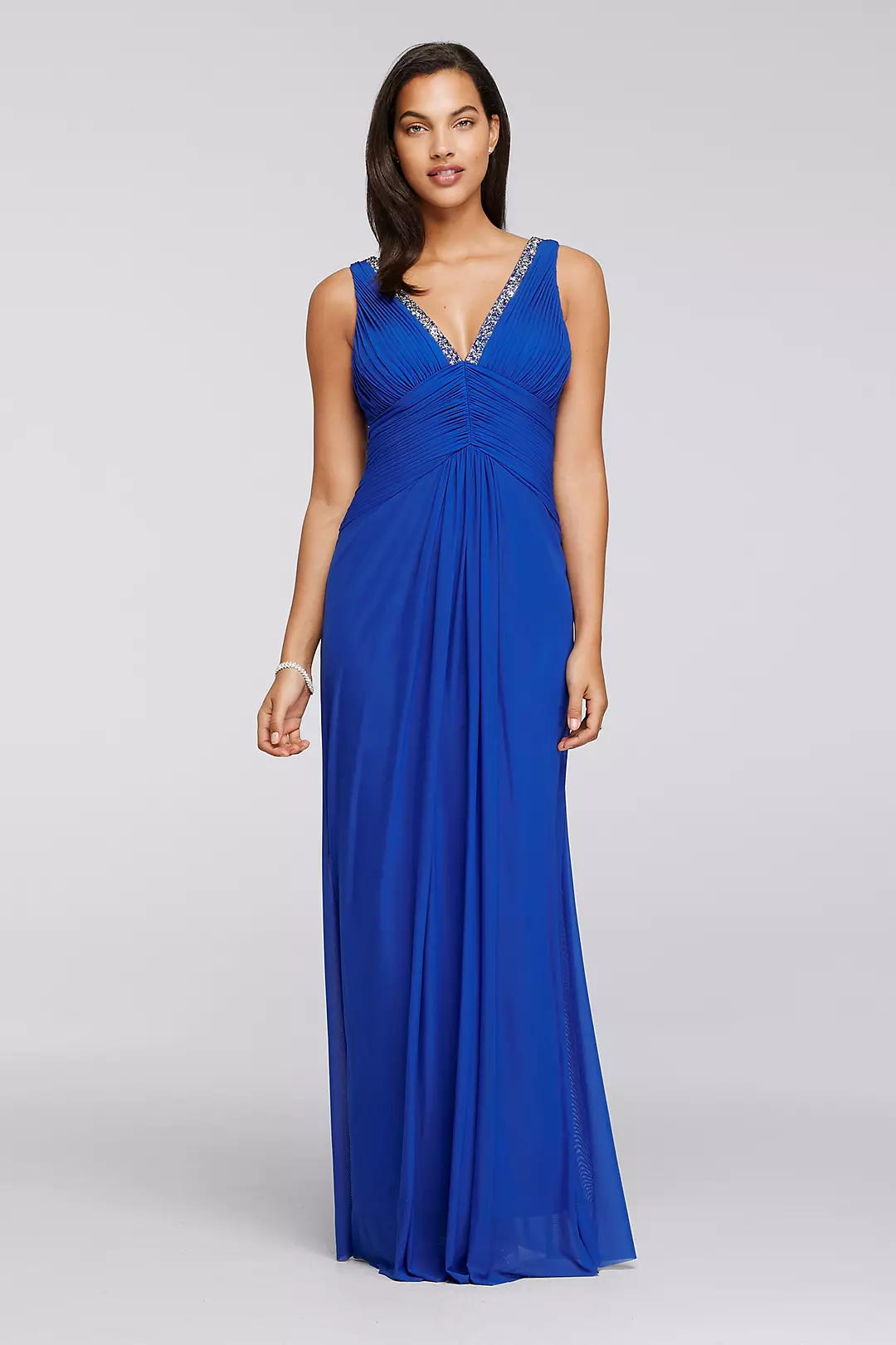 Sleeveless Mesh Dress with Beaded V-Neckline
