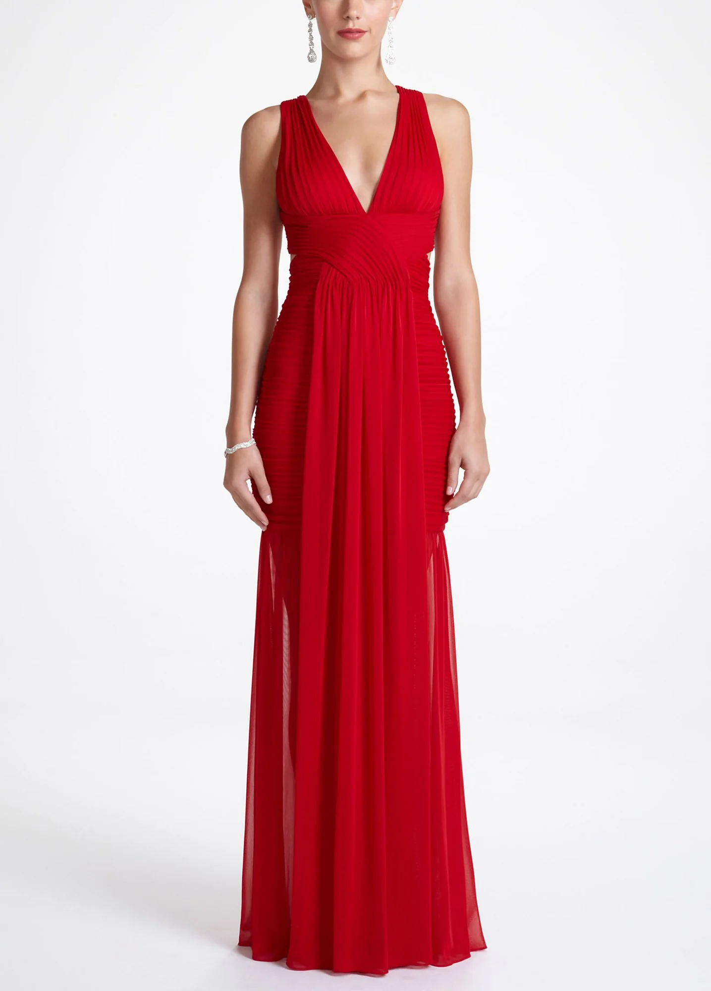 Sleeveless Ruched Open Back Illusion Prom Dress