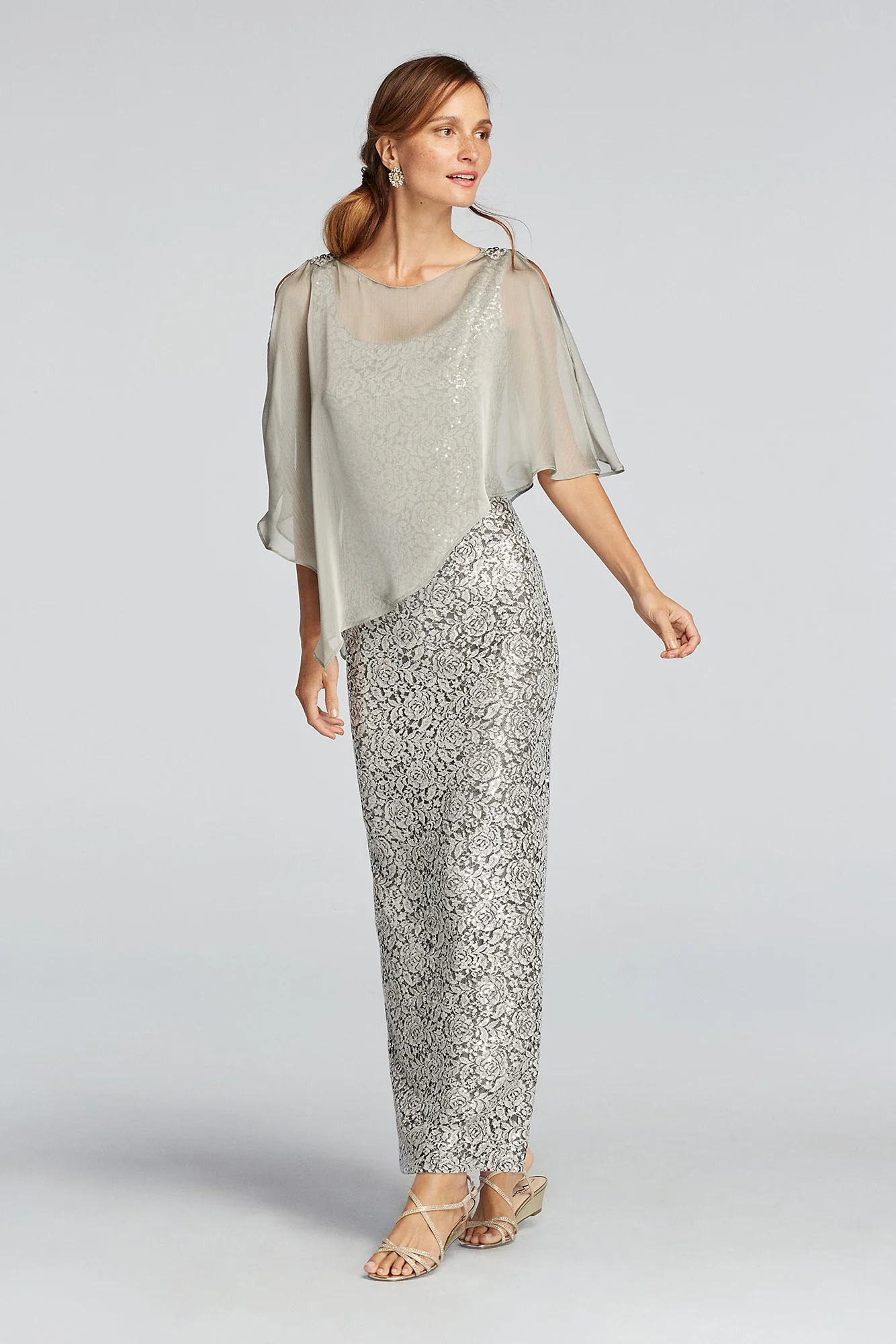 Sleeveless Sequin Dress with Chiffon Caplet