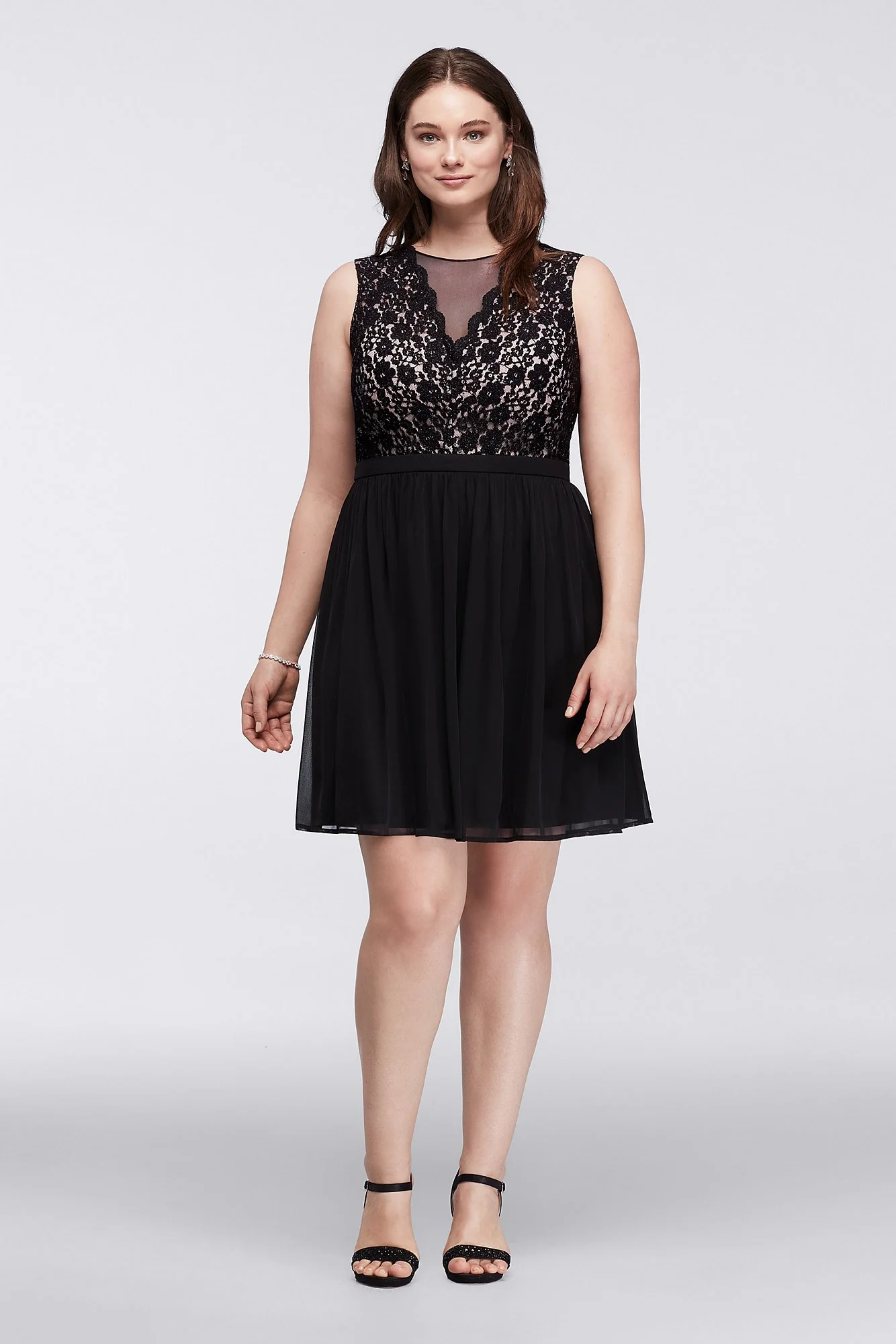 Sleeveless Short Dress with Illusion Lace Neckline - Image 3
