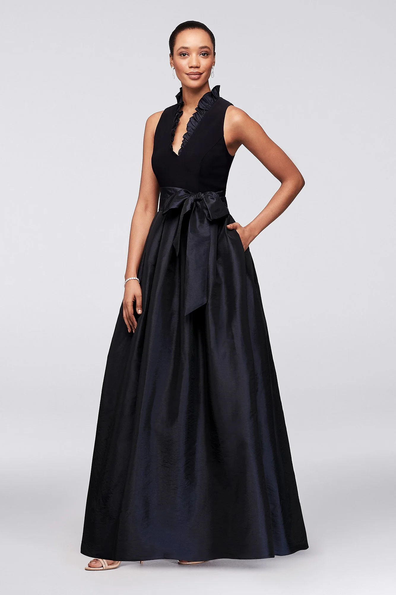 Sleeveless Taffeta Ball Gown with Ruffled V-Neck
