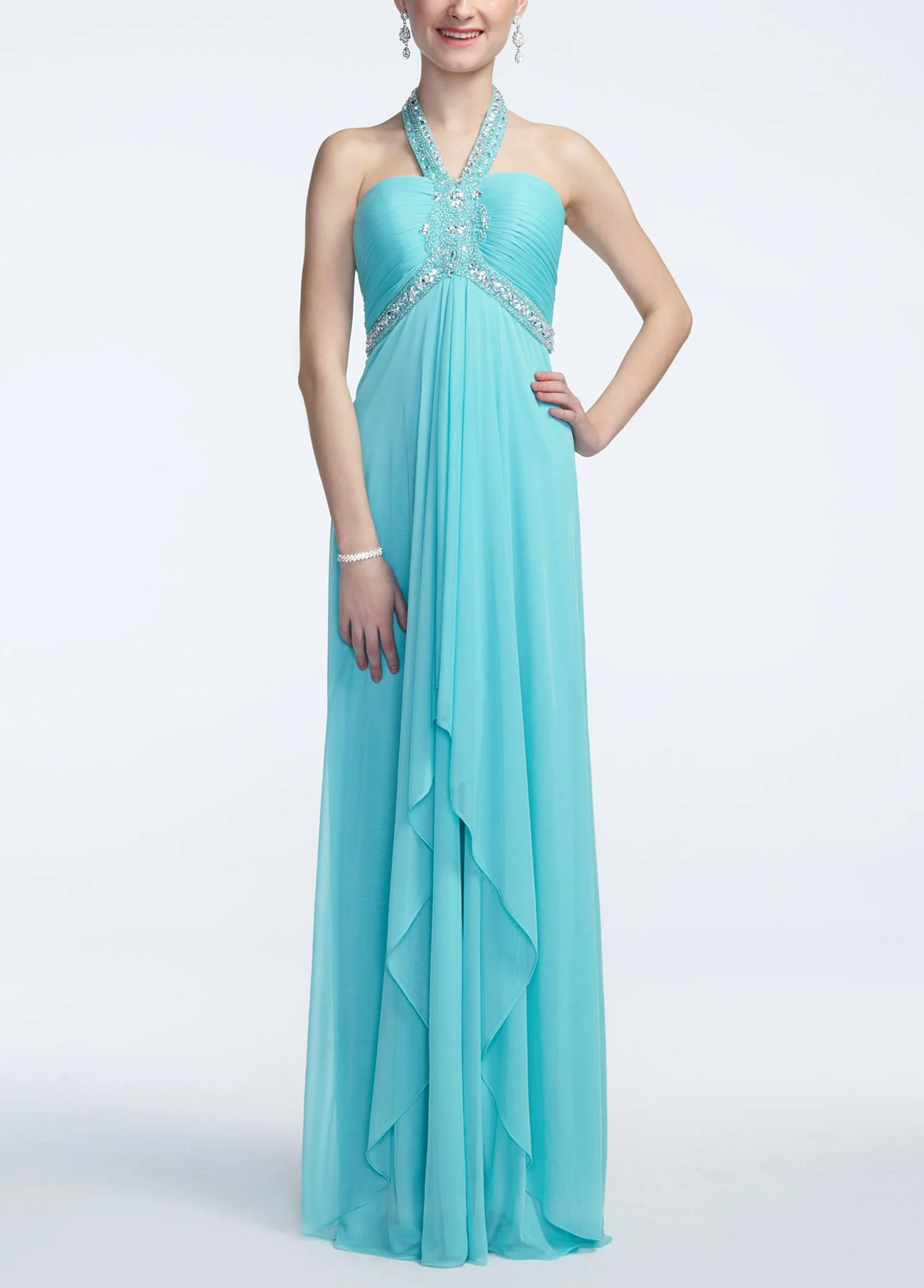 Sleeveless Tiered Chiffon Beaded Halter Dress