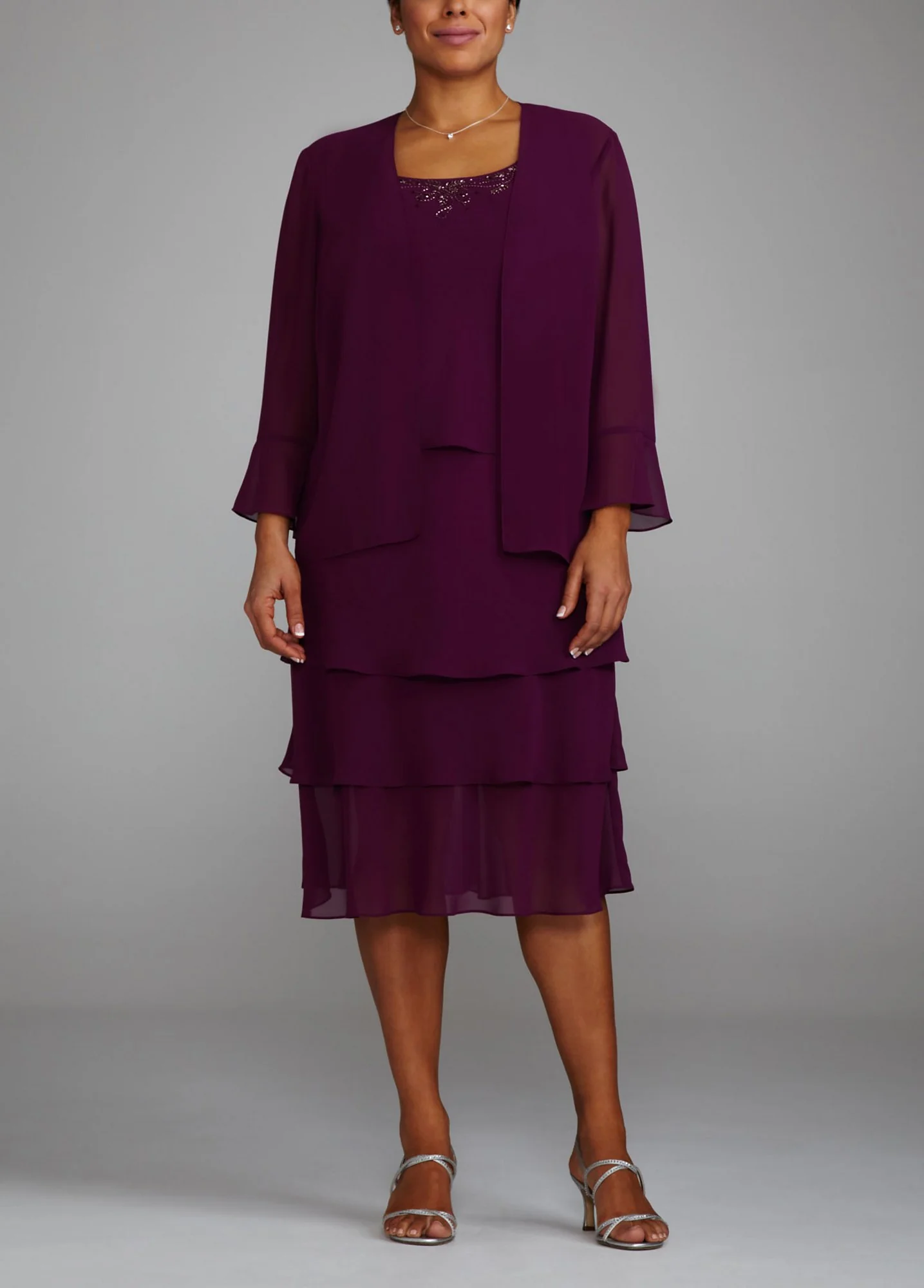 Sleeveless Triple Tier Jacket Dress with Beading