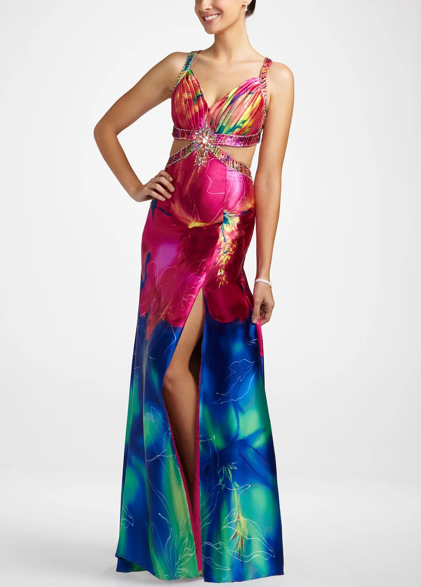 Sleevless Charmeuse Print Gown with X Back
