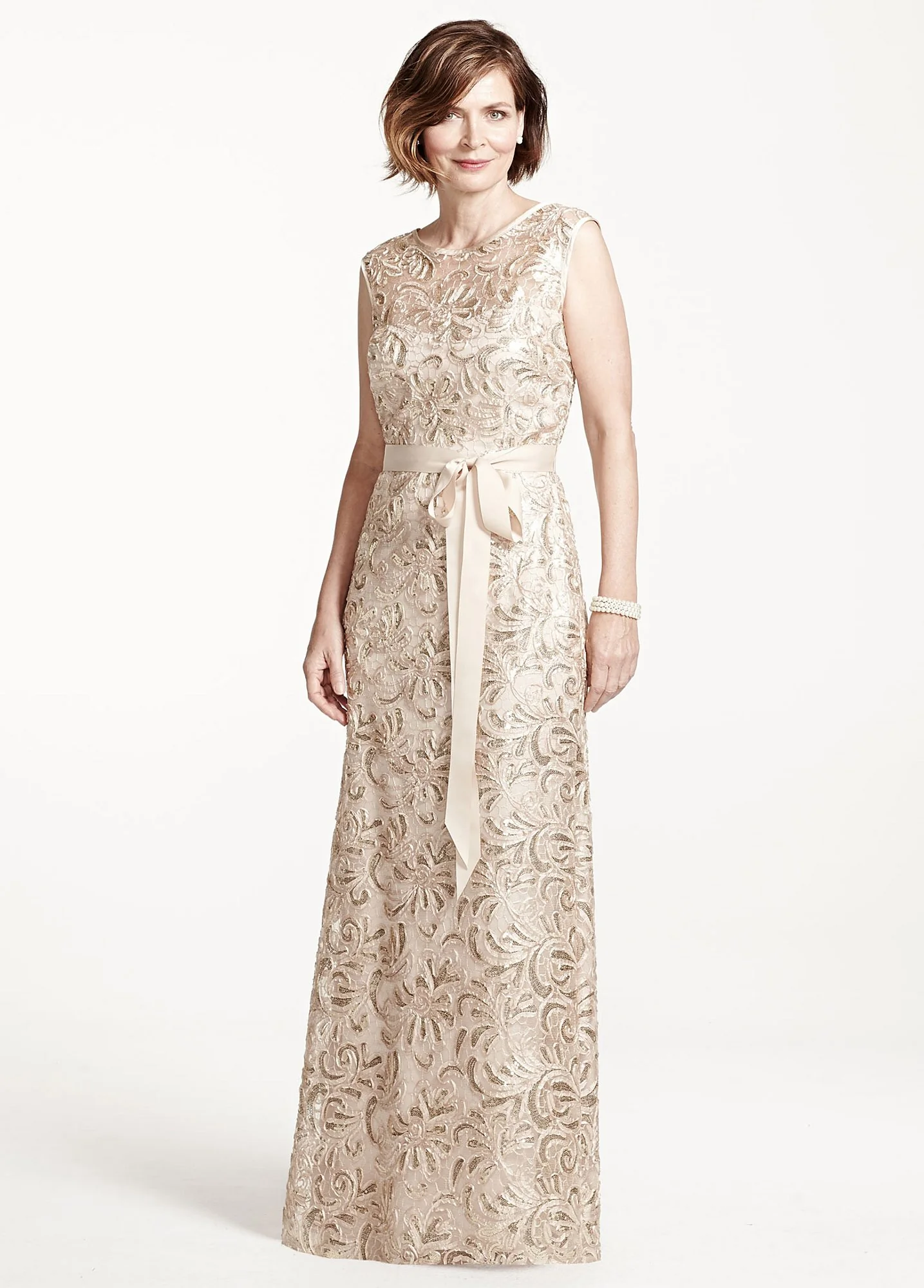 Sleeveless Long Sequined Lace Dress