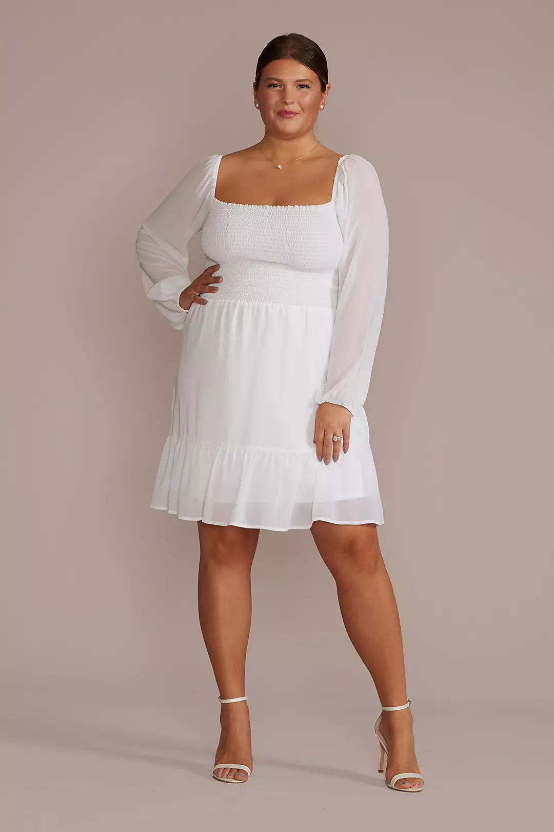 Smocked Long Sleeve Chiffon Short Dress - Image 2