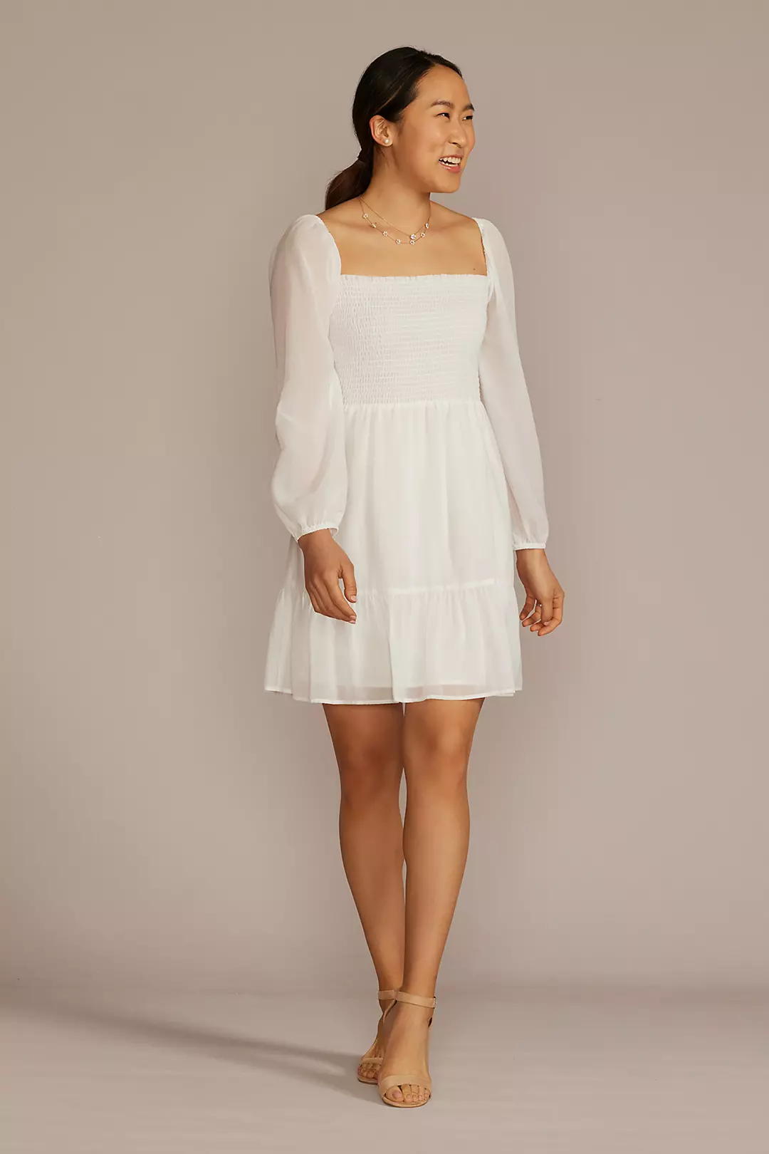 Smocked Long Sleeve Chiffon Short Dress - Image 3