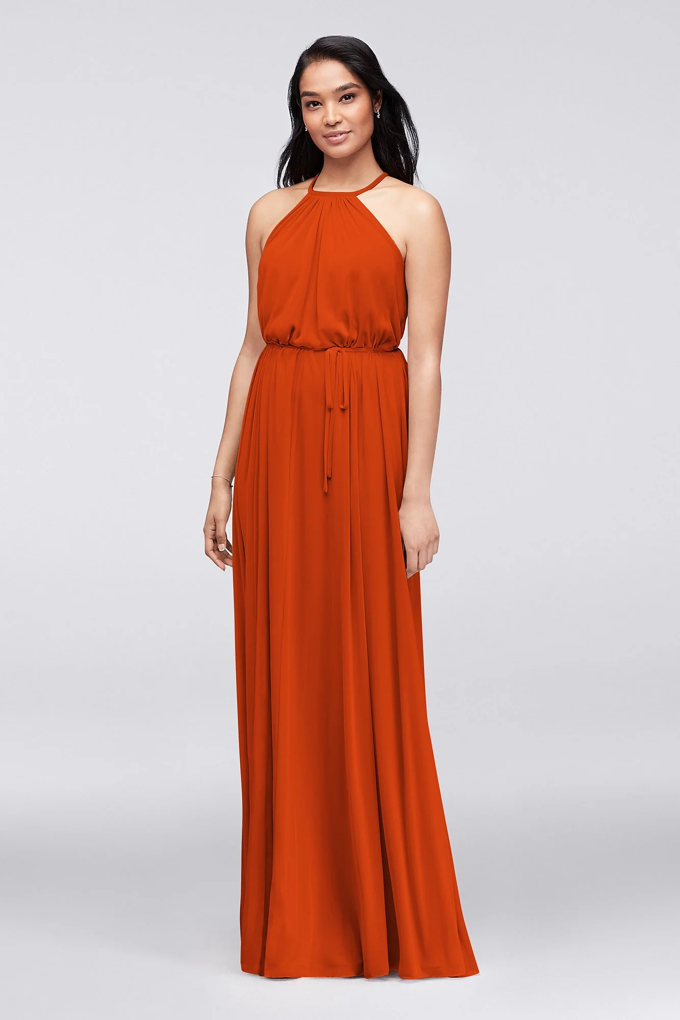 Soft Mesh Halter Bridesmaid Dress with Slim Sash - Image 11