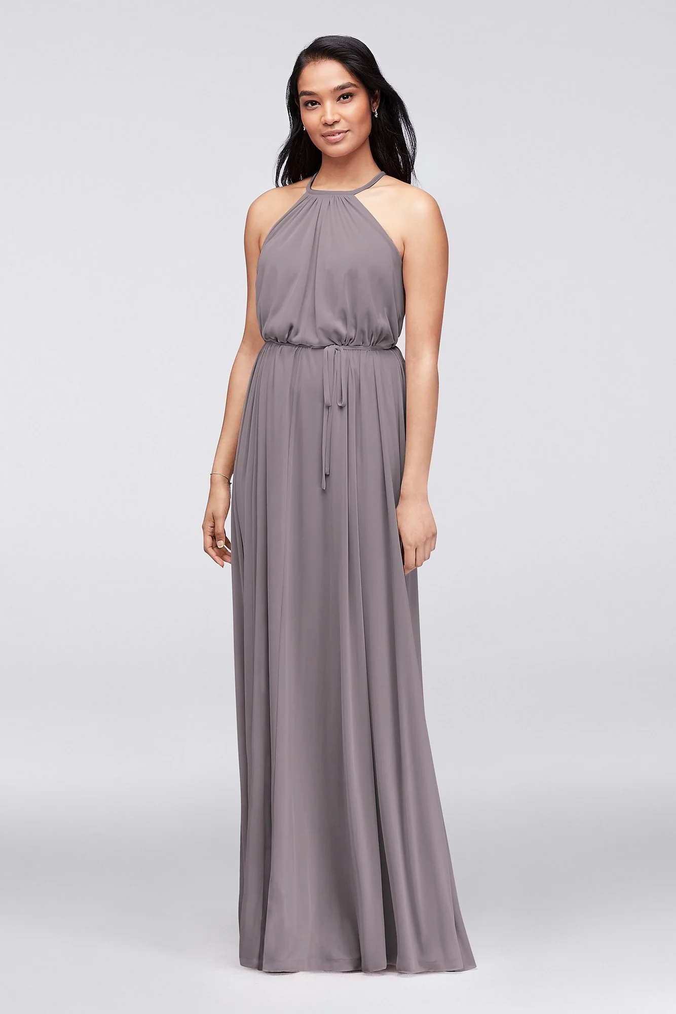 Soft Mesh Halter Bridesmaid Dress with Slim Sash - Image 12