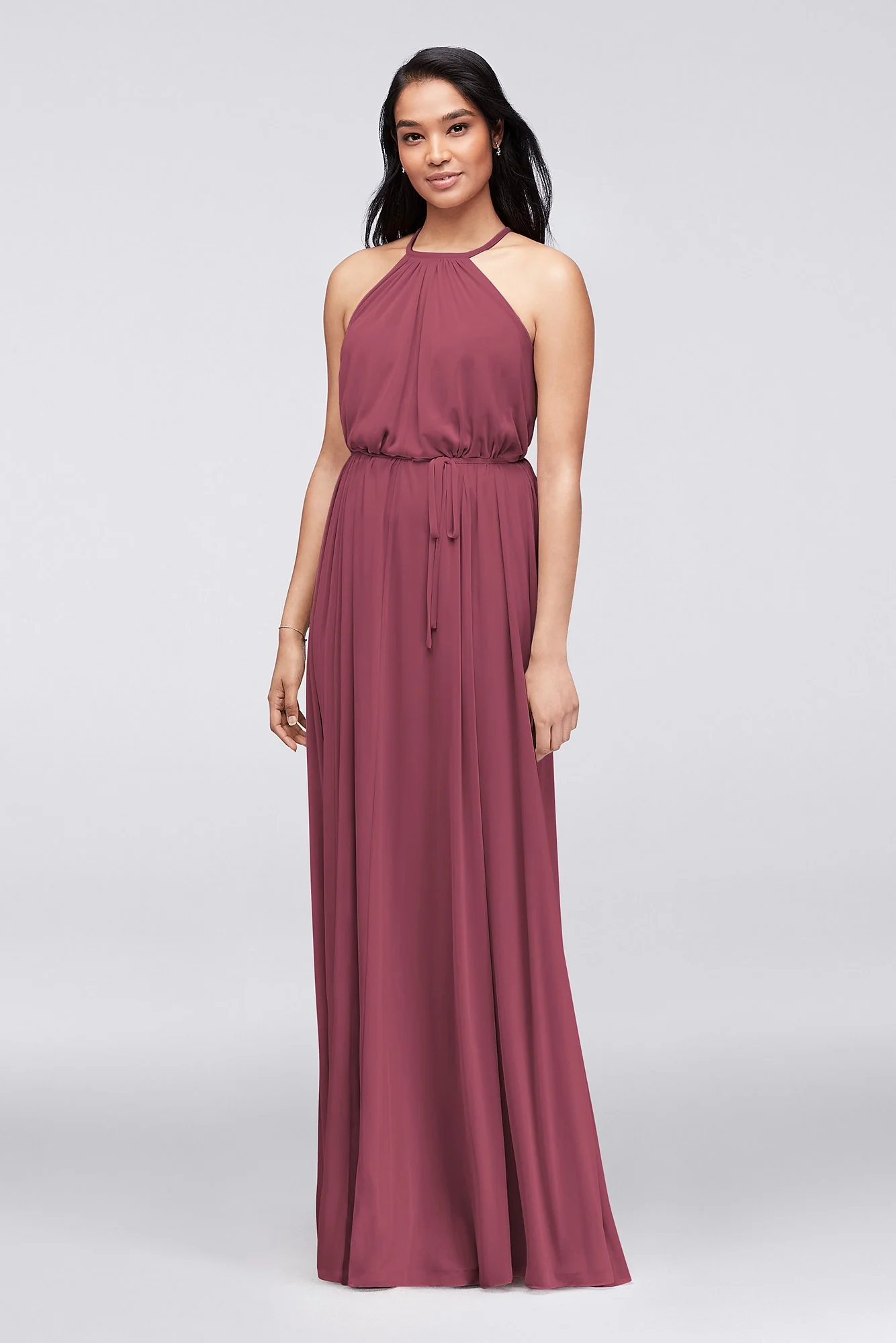 Soft Mesh Halter Bridesmaid Dress with Slim Sash - Image 14