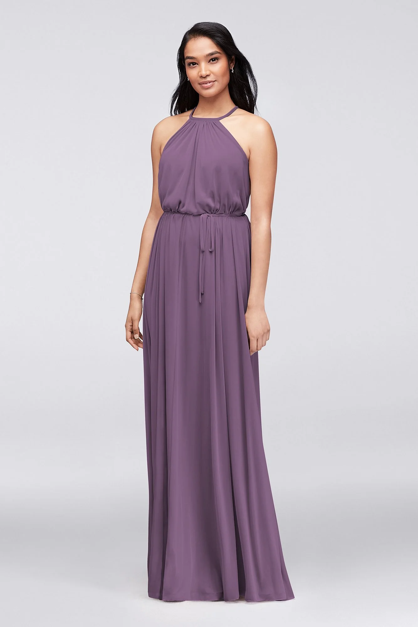 Soft Mesh Halter Bridesmaid Dress with Slim Sash - Image 15