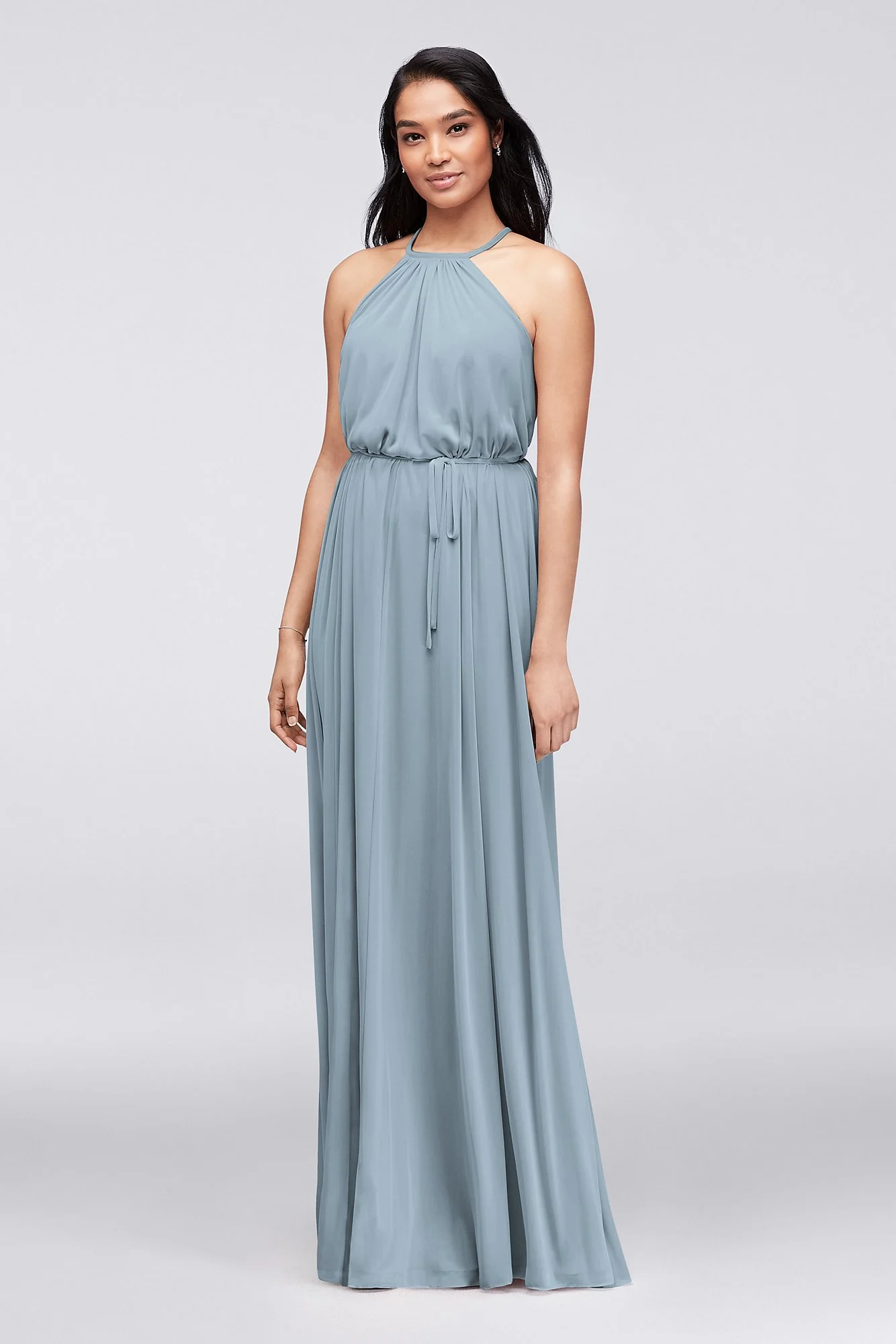 Soft Mesh Halter Bridesmaid Dress with Slim Sash - Image 19