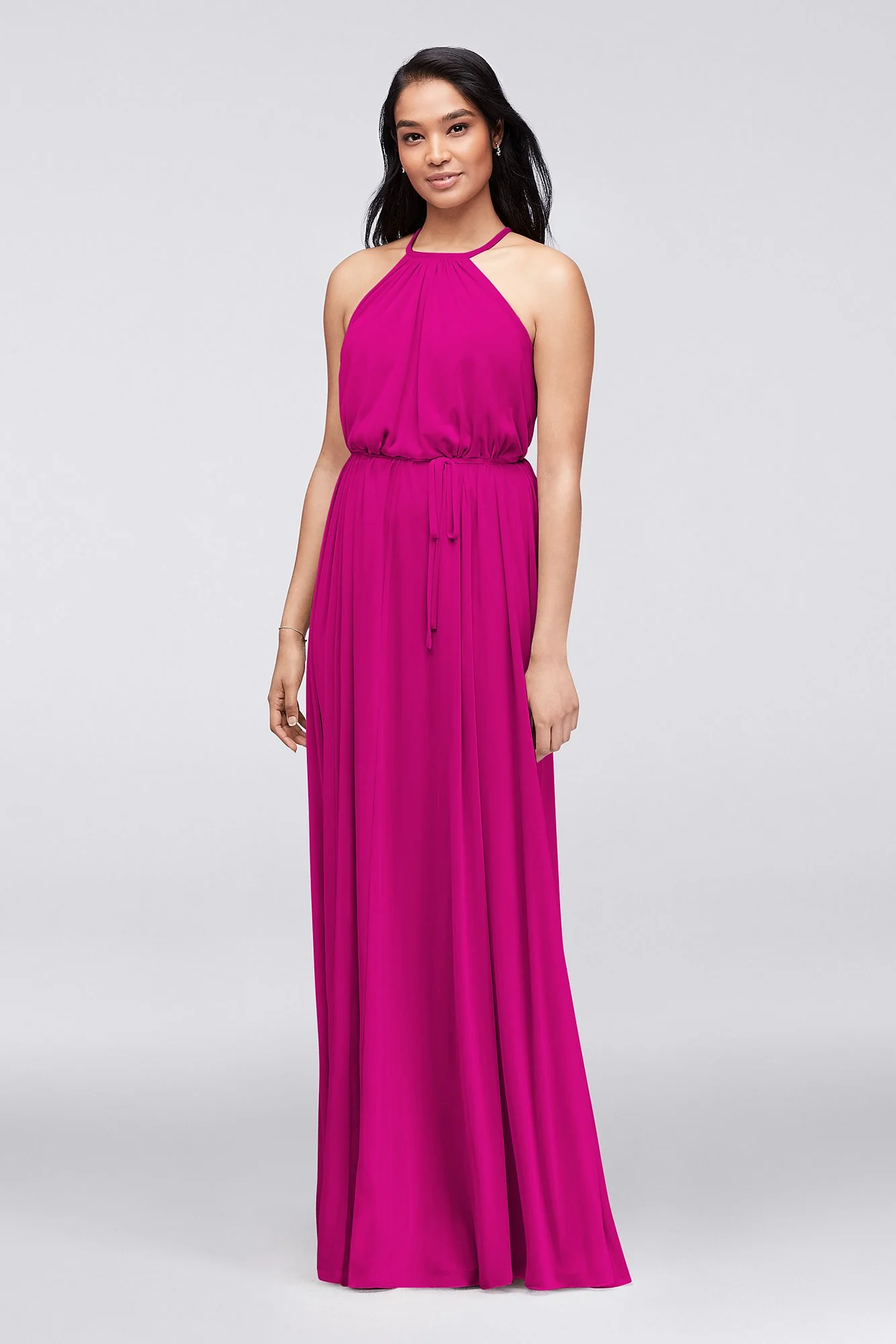 Soft Mesh Halter Bridesmaid Dress with Slim Sash - Image 23
