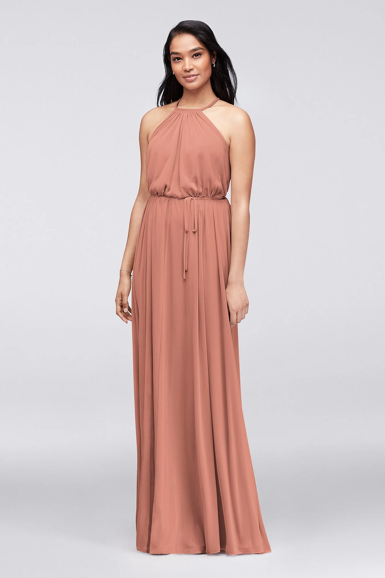 Soft Mesh Halter Bridesmaid Dress with Slim Sash - Image 24