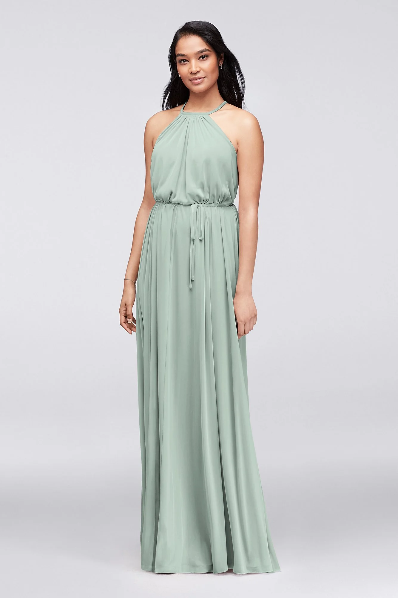 Soft Mesh Halter Bridesmaid Dress with Slim Sash - Image 25