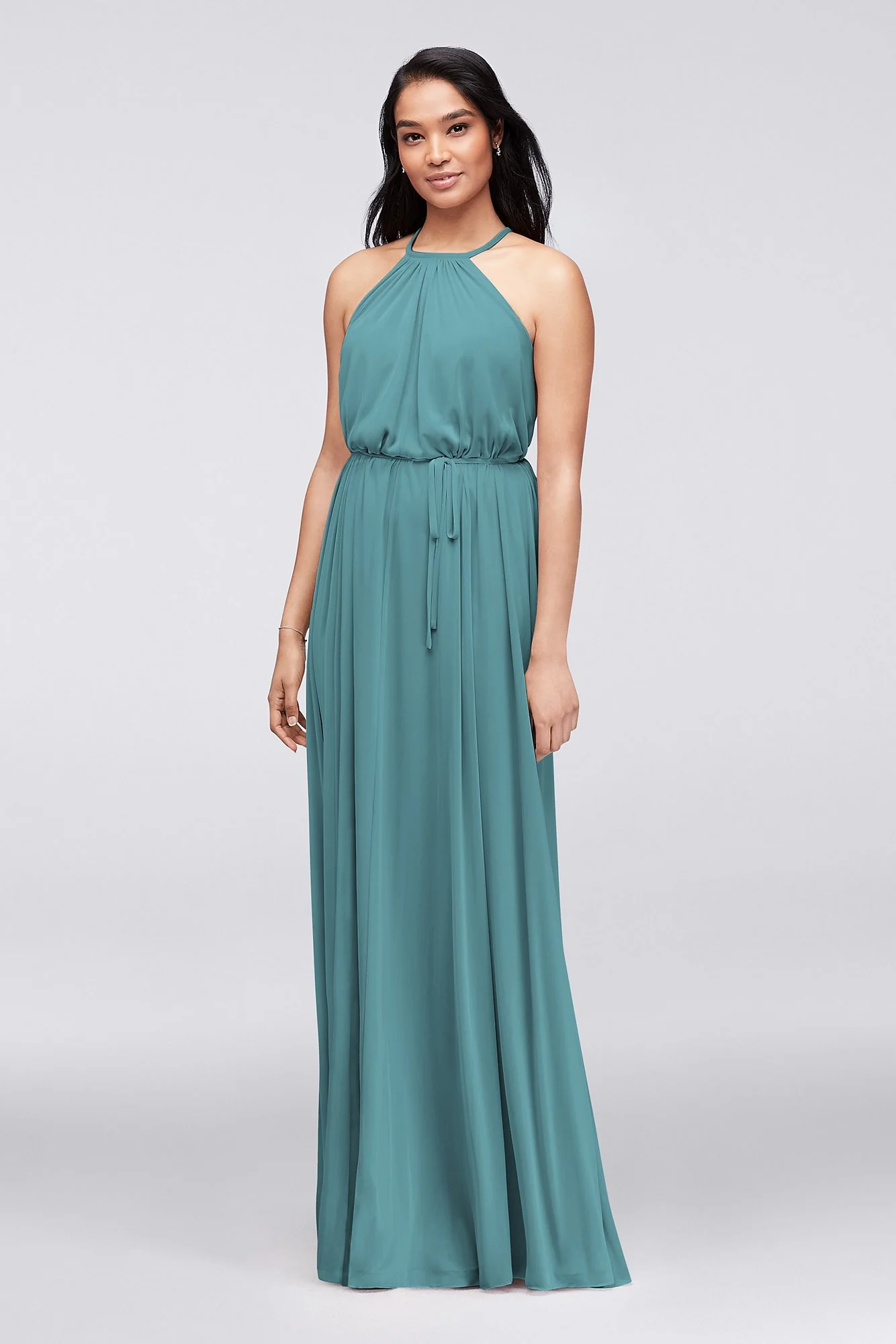 Soft Mesh Halter Bridesmaid Dress with Slim Sash - Image 26