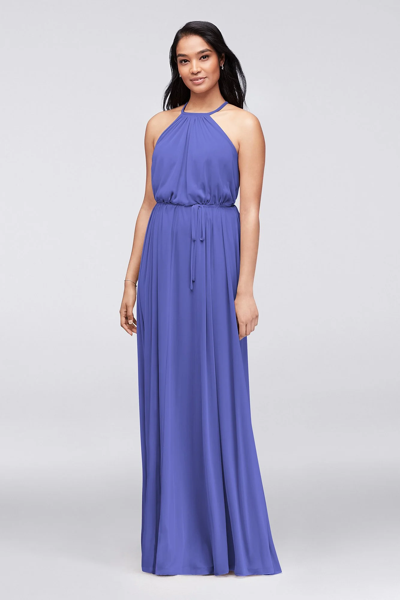 Soft Mesh Halter Bridesmaid Dress with Slim Sash - Image 3