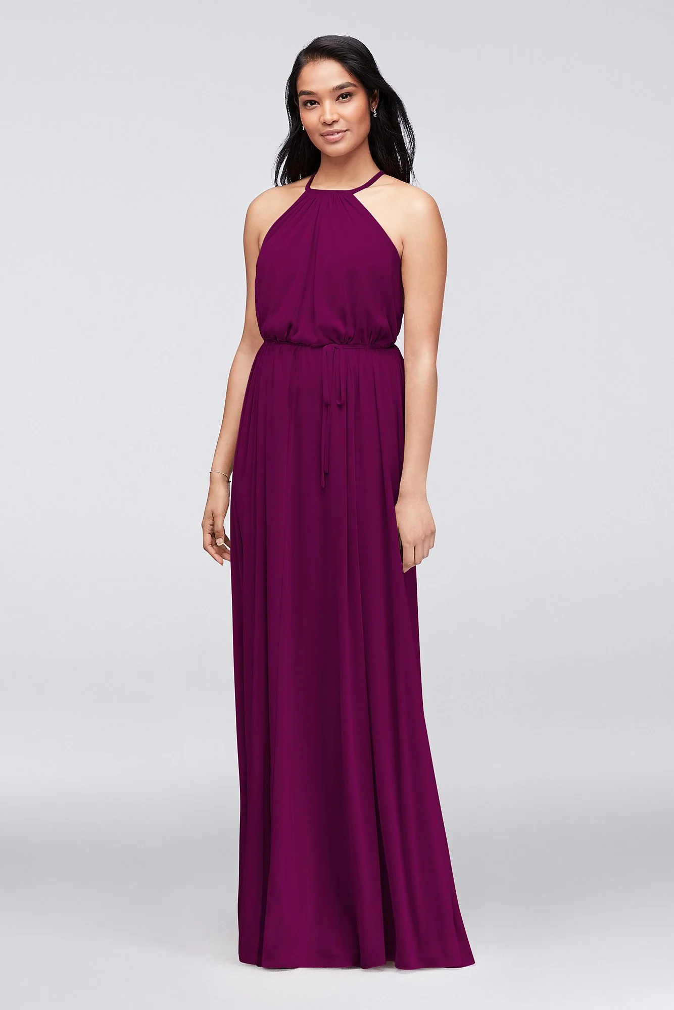 Soft Mesh Halter Bridesmaid Dress with Slim Sash - Image 30