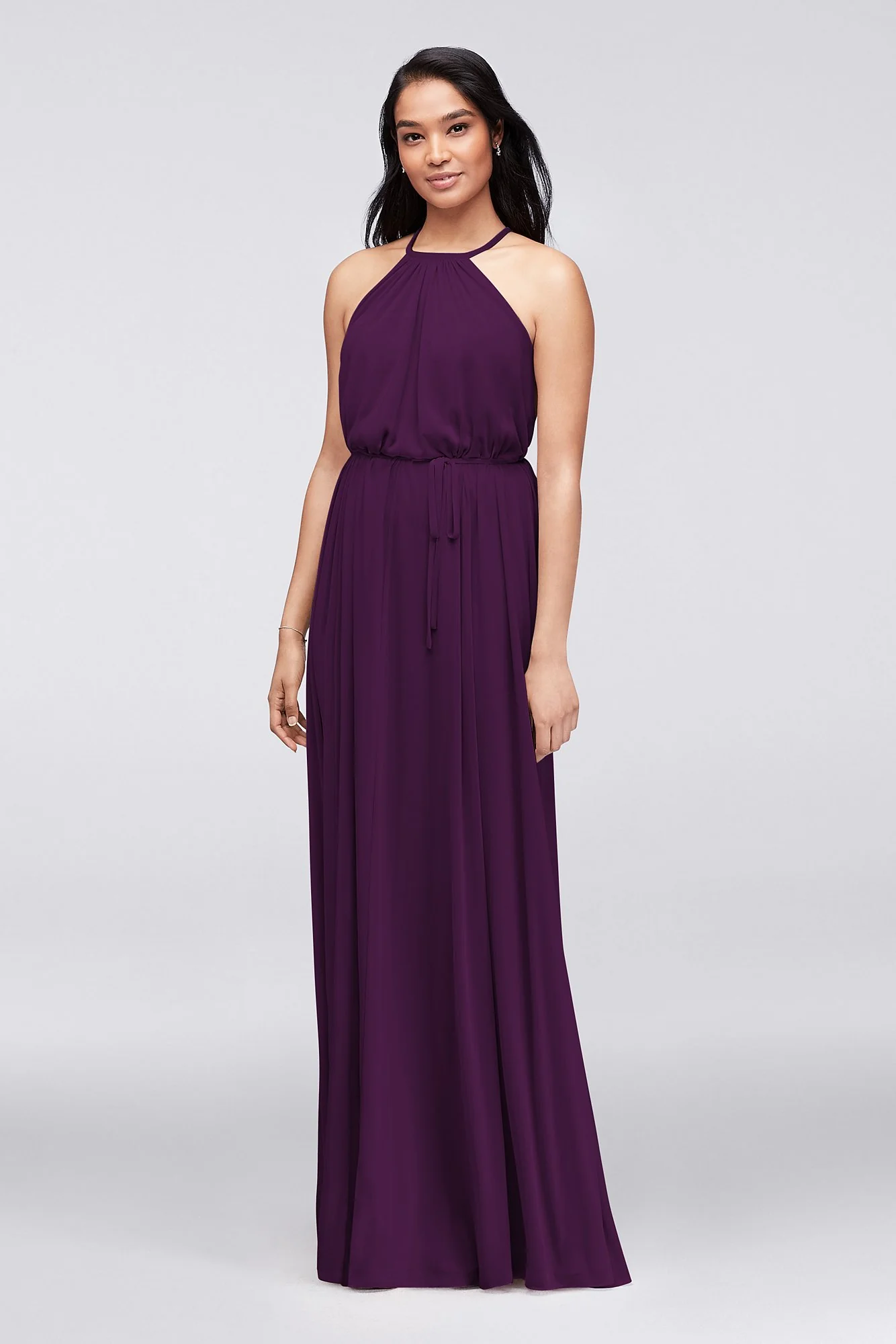 Soft Mesh Halter Bridesmaid Dress with Slim Sash - Image 34
